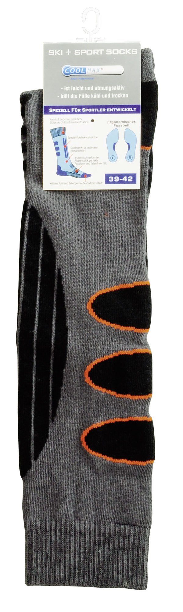 Grau-Orange mit Spezialpolsterung Coolmax Skisocken Skisocken 2 Paar PistenSauser Snowboard-Socken