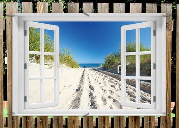 Wallario Sichtschutzzaunmatten Auf dem Sandweg zum Strand - Blauer Himmel über dem Meer, mit Fenster-Illusion