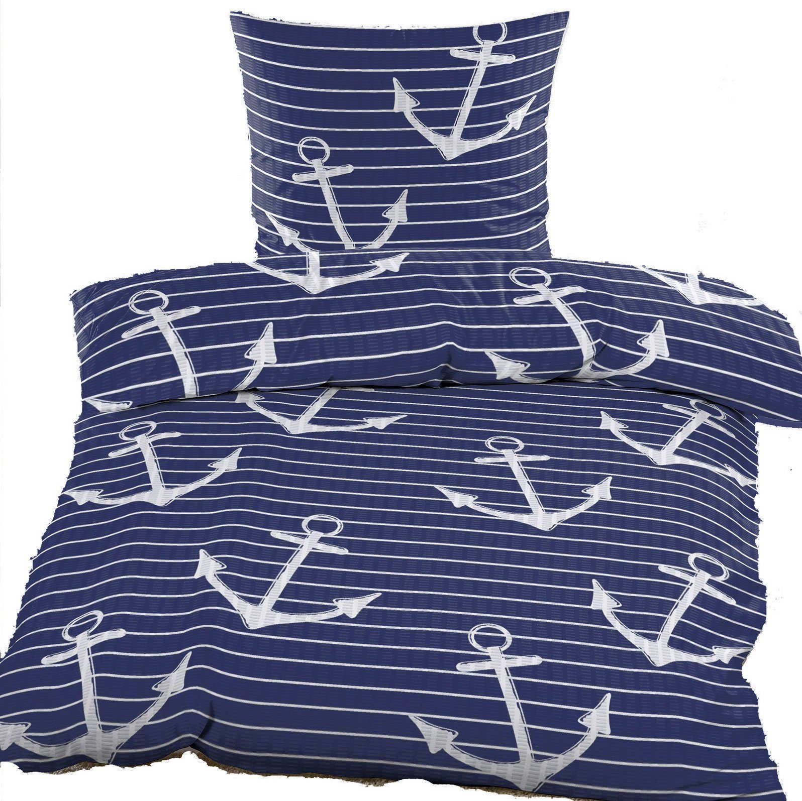 KH-Haushaltshandel Bettwäsche 2-tlg. Seersucker Bettwäsche 135x200 +80x80cm, Anker, maritim, Seersucker, 2 teilig, blau rot weiß, maritim, Anker/Küstenliebe, bügelfrei