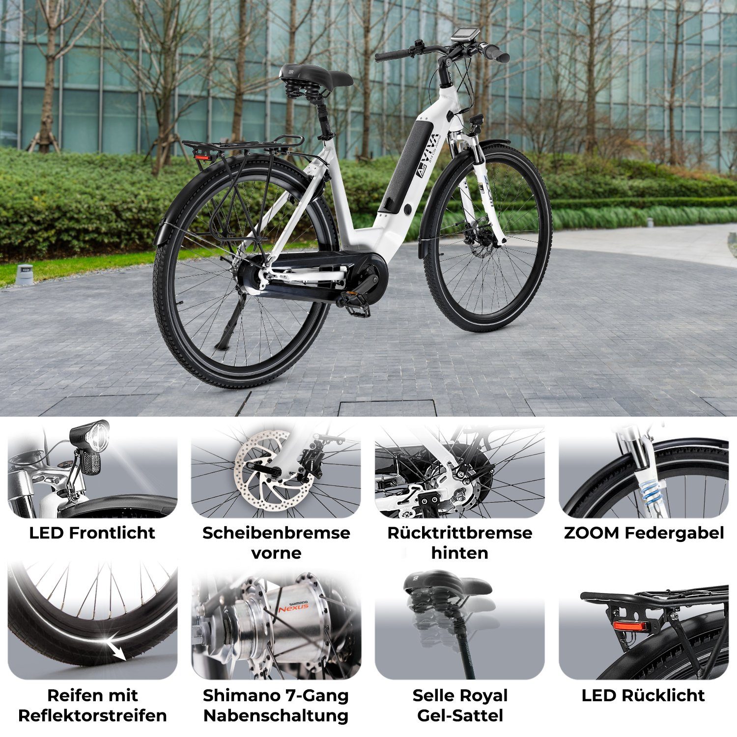 AsVIVA E-Bike Hollandrad, Cityrad B14 28 Zoll & 120 Km Reichweite, 7 Gang Shimano Nexus Schaltwerk, Nabenschaltung, Bürstenloser Mittelmotor, 620 Wh, innerhalb der StVZO, Akku 36V / 17,2Ah / 620Wh