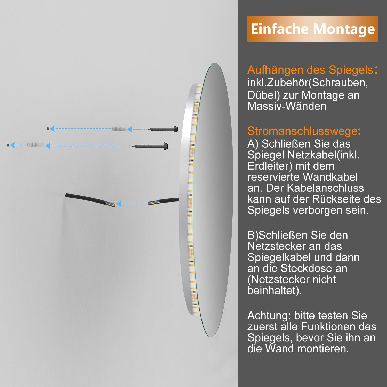 duschspa Badspiegel Spiegel mit LED Beleuchtung dimmbar 40-120cm, Touch oder Wandschalter