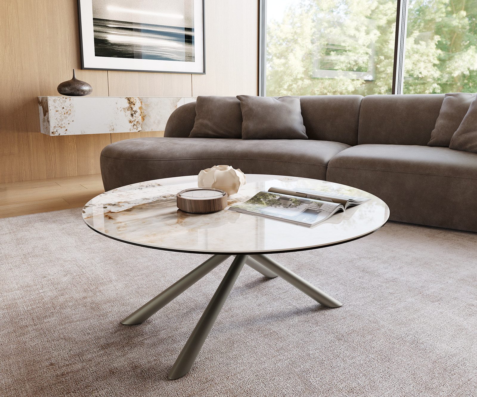 DELIFE Couchtisch Edge, Rund 100x100 cm Keramik Minas Melange Sarity Metall Effektfinish Titan