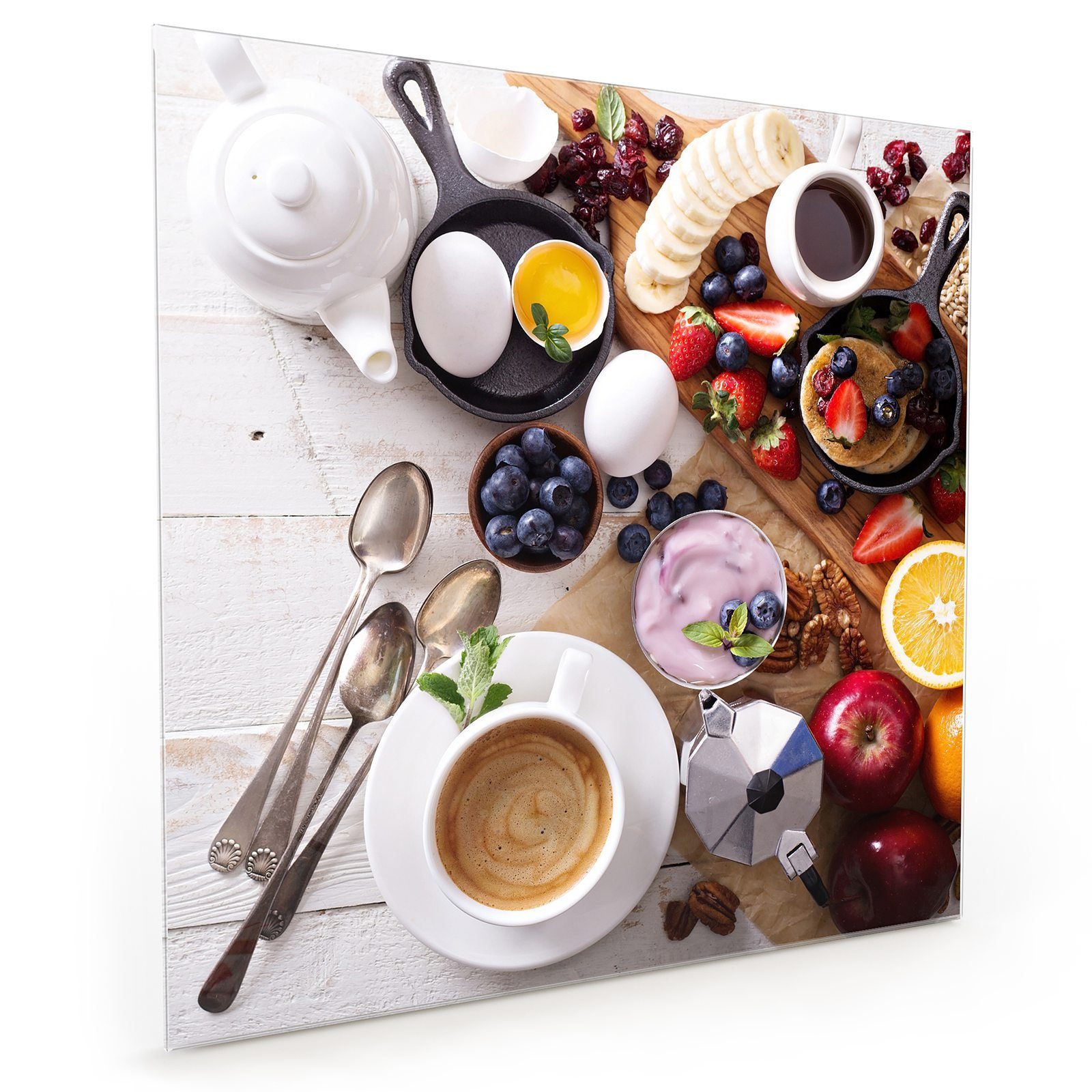 Primedeco Küchenrückwand Küchenrückwand Spritzschutz Glas mit Motiv Bunter Frühstückstisch | Küchenrückwände