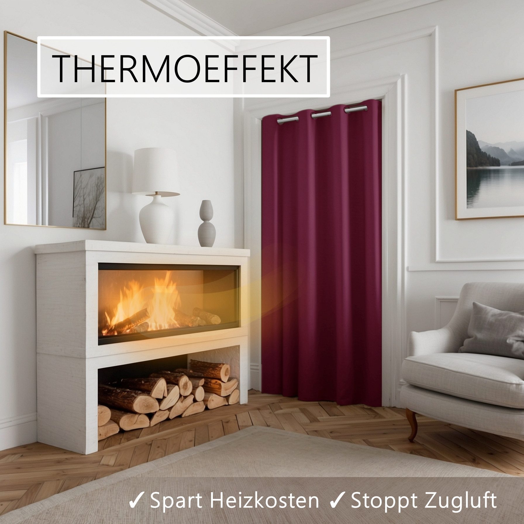 tinycurtains Türvorhang mit Stange weiß 70-120 cm Thermo Vorhang ohne Bohren, blickdicht, Ösen, verdunkelnd, Polyester, bordeaux rot Berry, Türgardine mit Klemm – Bild 4 von 5