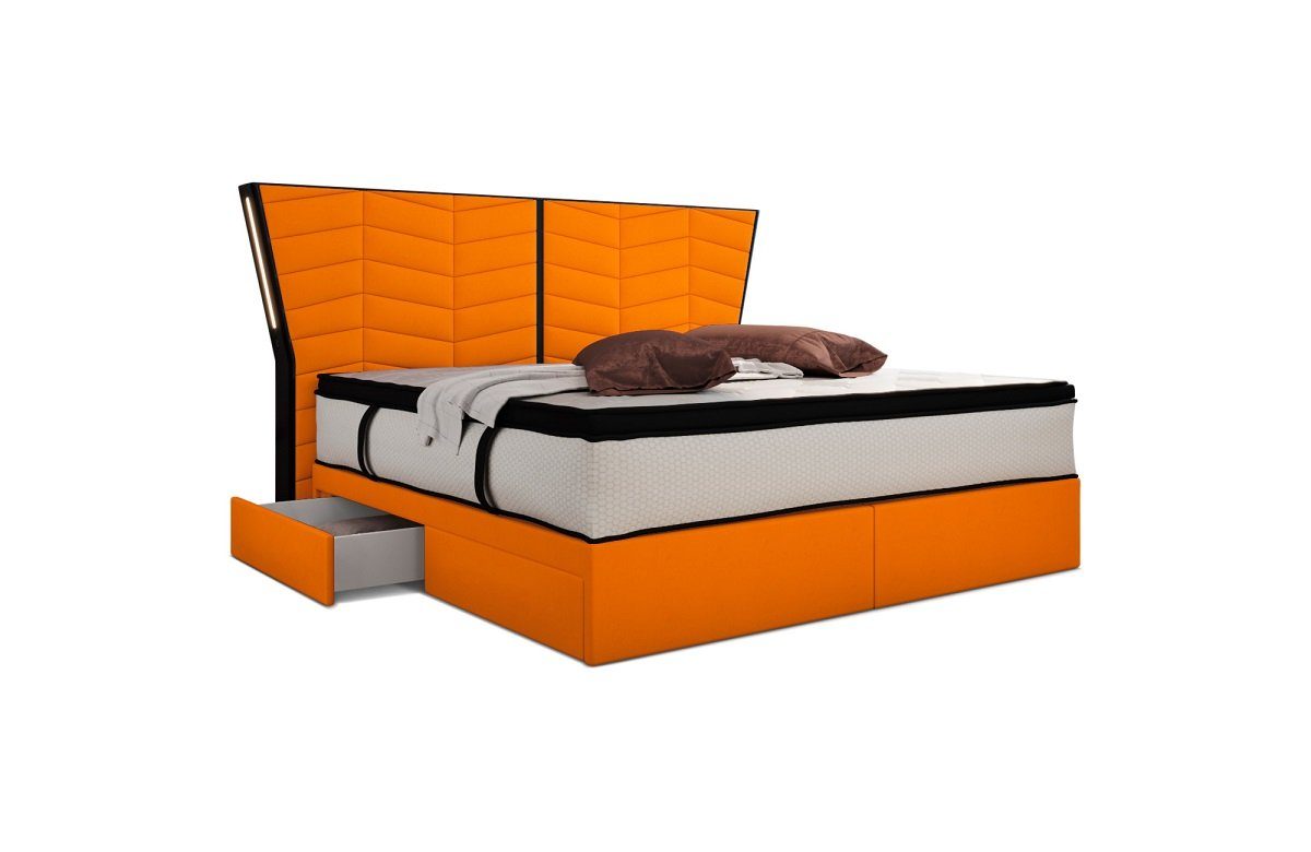 Sofa Dreams Boxspringbett Novara - Microfaser, mit Matratze, Topper, LED-RGB-Licht, Fernbedienung orange-schwarz