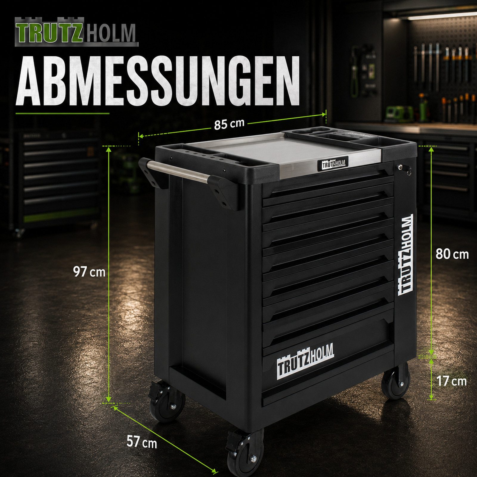TRUTZHOLM Werkstattwagen 249 tlg. bestückt Chromablage 97 x 85 x 46 Werkzeugwagen, auf Rollen, 249-tlg. Werkzeugset, (Set, 1-tlg), Sicherheitsverriegelung