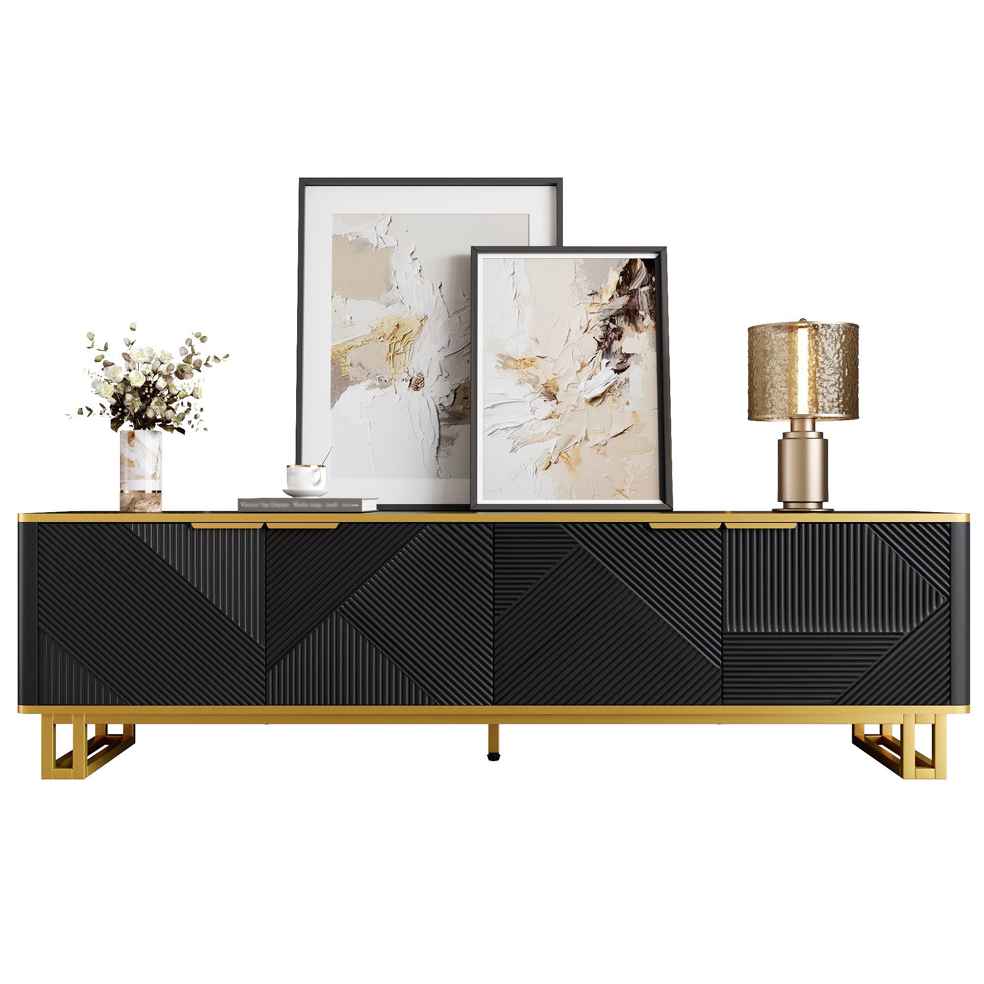 Merax Lowboard in Weiß und Gold, TV-Board mit vier Türen und Stauraum (1 St., 160 x 37,5 x 48 cm), TV-Schrank mit geometrischer 3D-Front, Kabelmanagement, Metallrahmen