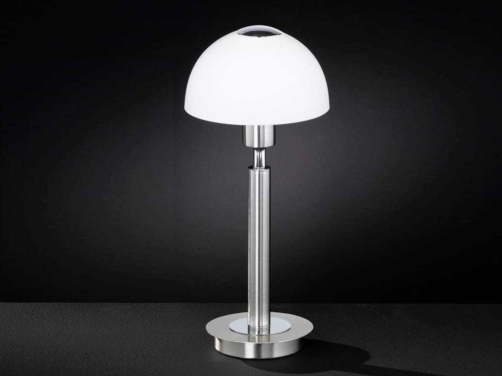 WOFI LED Nachttischlampe, Fensterbank LED Warmweiß, wechselbar, Designer Silber mit für Pilz-Lampen Glasschirm, 29cm Höhe