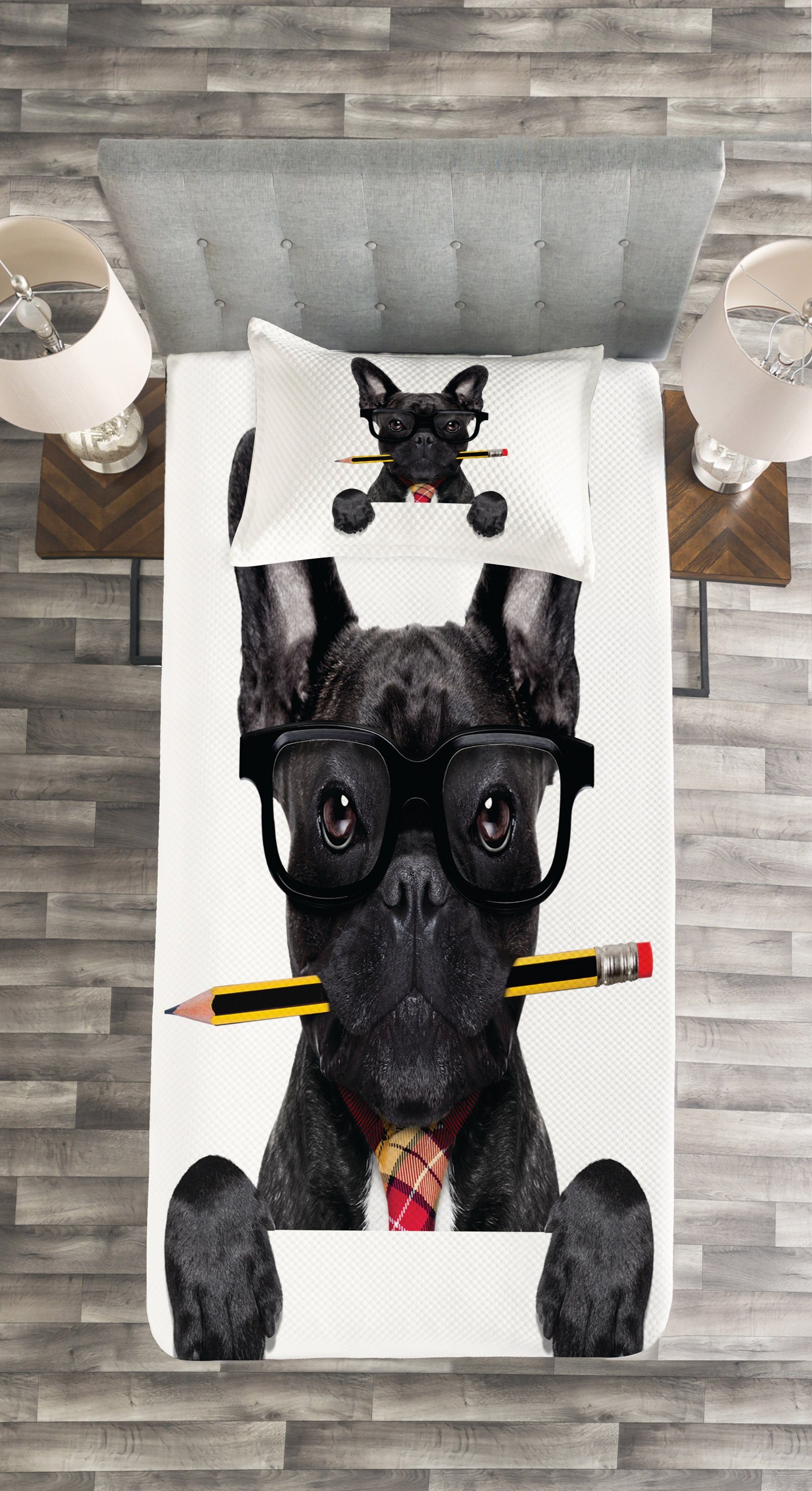 Tagesdecke Set mit Bulldogge Kissenbezügen Waschbar, Glasses Geschäftsmann Abakuhaus, Dog