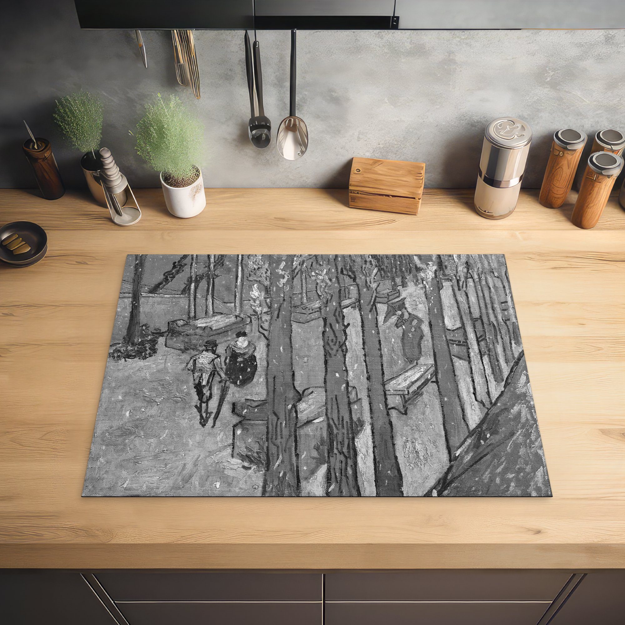 MuchoWow Herdblende-/Abdeckplatte Fallende Blätter Arbeitsfläche Schwarz Vincent Vinyl, und 70x52 Schwarz (1 nutzbar, - in cm, Weiß - Ceranfeldabdeckung Gogh tlg), Mobile van und