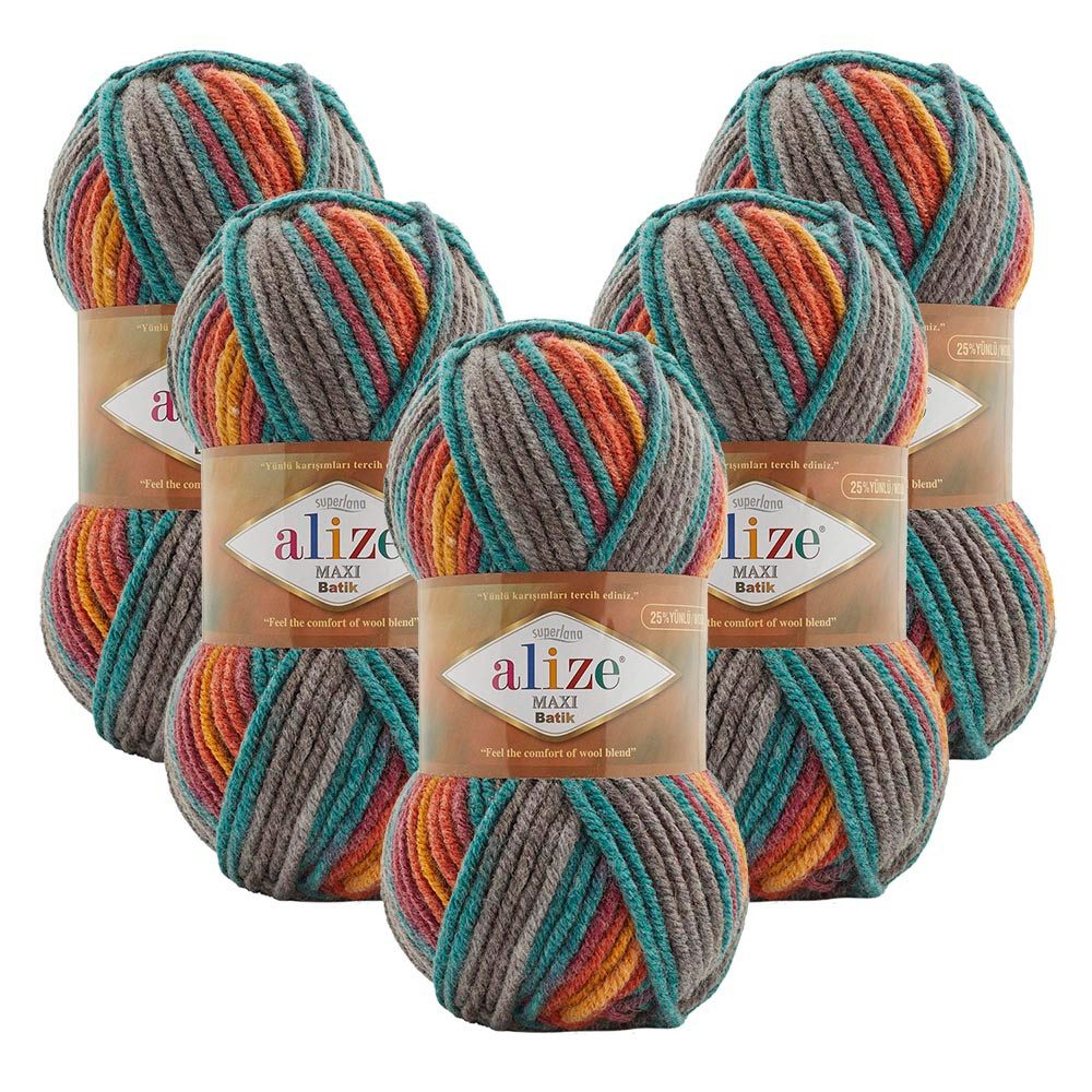 Alize 5 x ALIZE SUPERLANA MAXI BATIK Häkelwolle, 100 m, Yarn,Handstrickgarn,mehrfarbig,Winterwolle, Häkelgarn