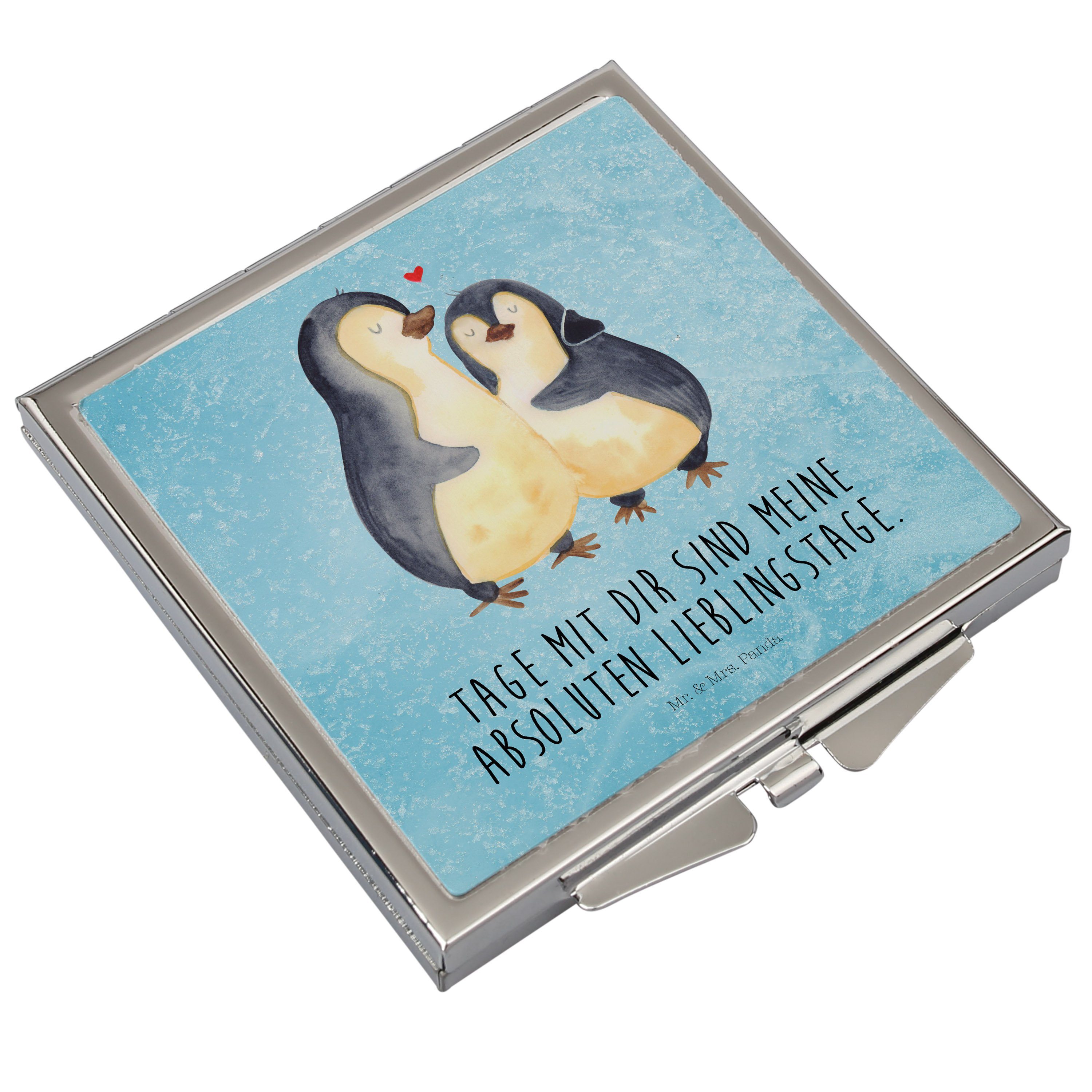 Kosmetikspiegel (1-St) - Panda Schminkspiegel Eisblau Liebe, Mrs. Quadrat, umarmend - & Pinguin Mr. Geschenk,