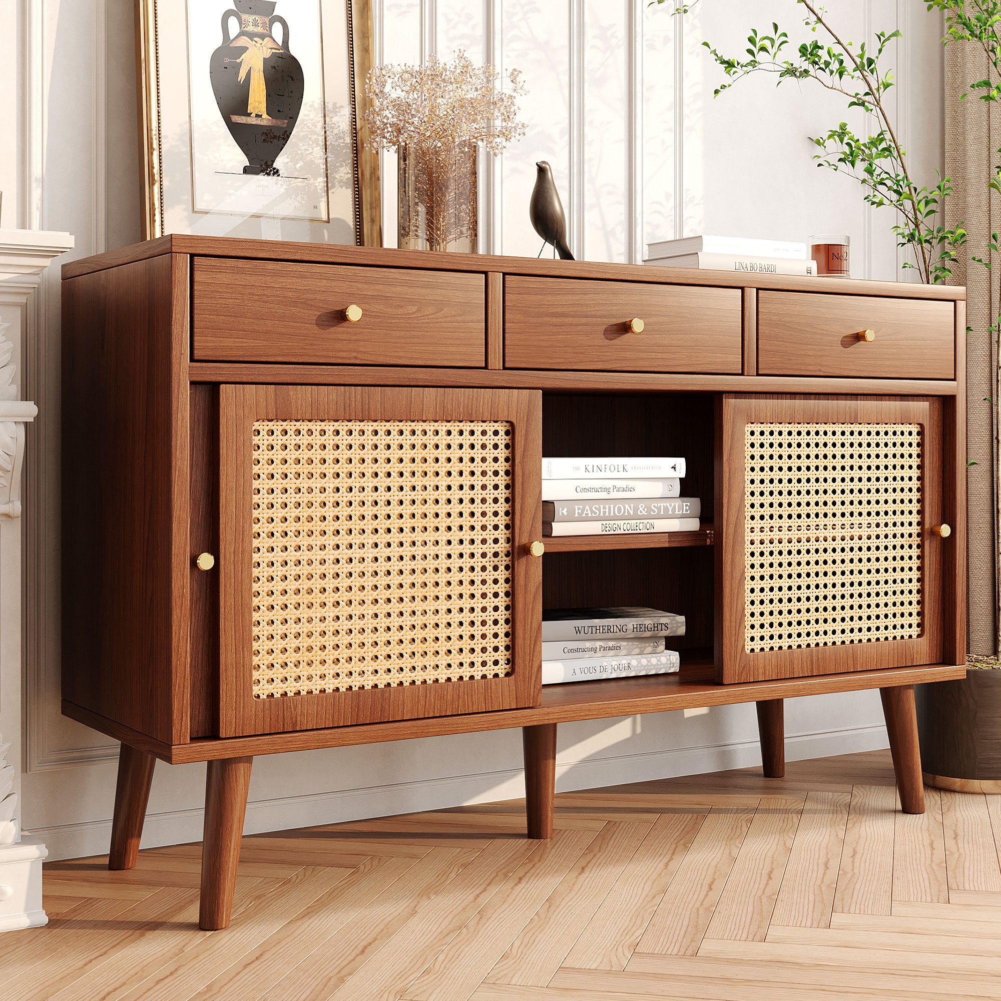 Celya Sideboard Kommode mit 3 Schubladen und 3 Schiebetüren, Rattangeflecht günstig online kaufen