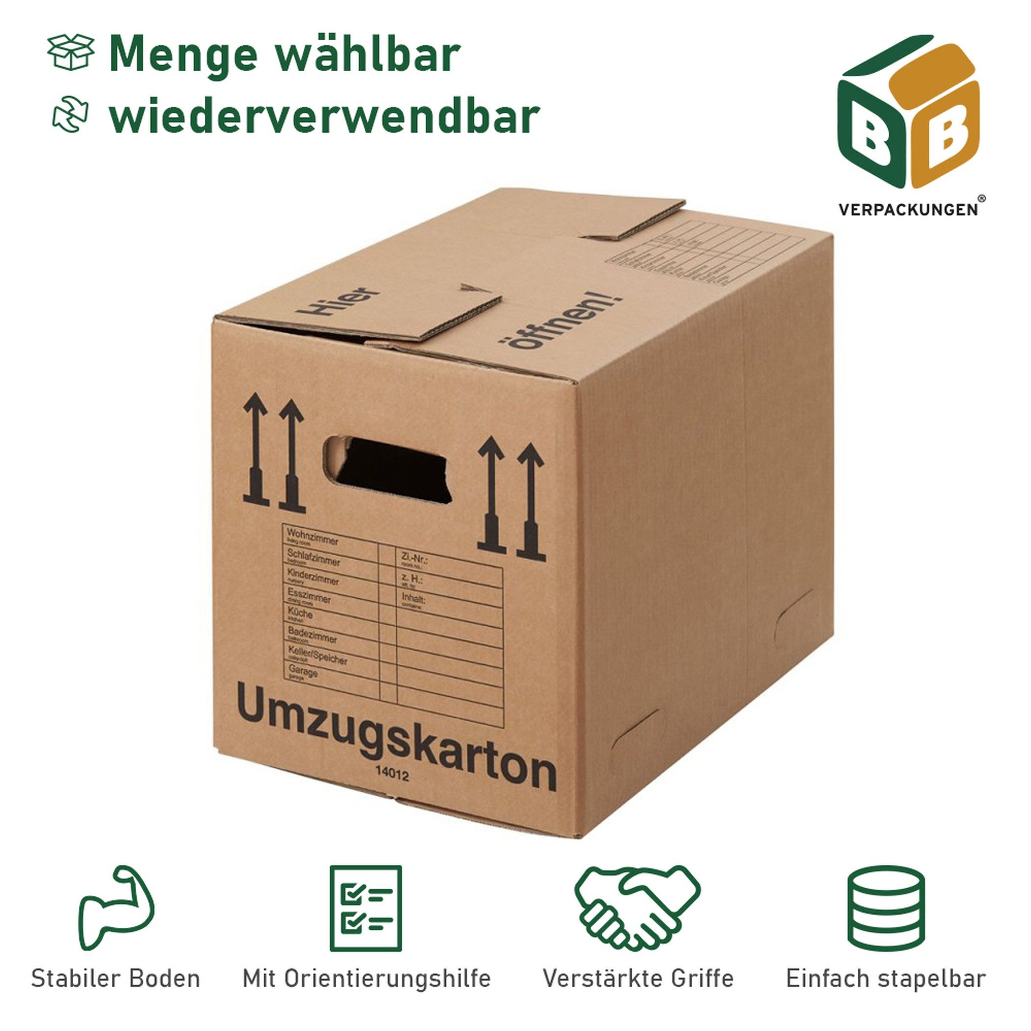 BB-Verpackungen Umzugskarton COMPACT, 2-wellig, 40 kg Traglast, 500 mm x 350 mm x 370 mm, 10 Stück