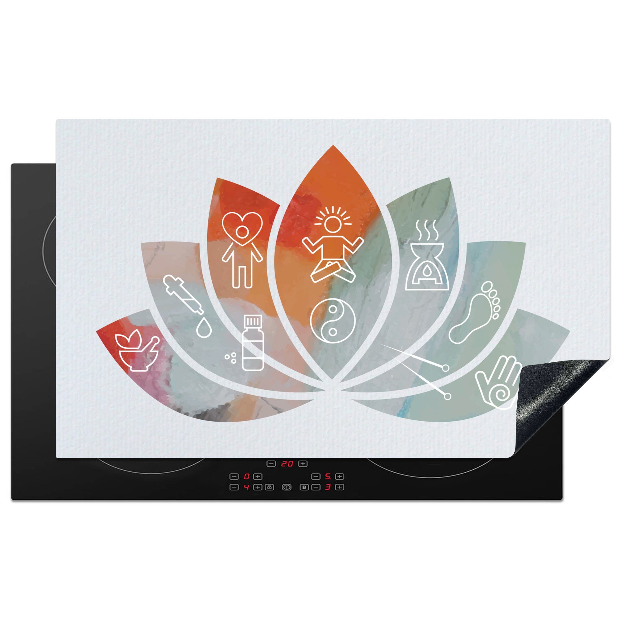 MuchoWow Herdblende-/Abdeckplatte Illustration einer Lotusblume mit Symbolen der Alternativmedizin, Vinyl, (1 tlg), 83x51 cm, Ceranfeldabdeckung, Arbeitsplatte für küche
