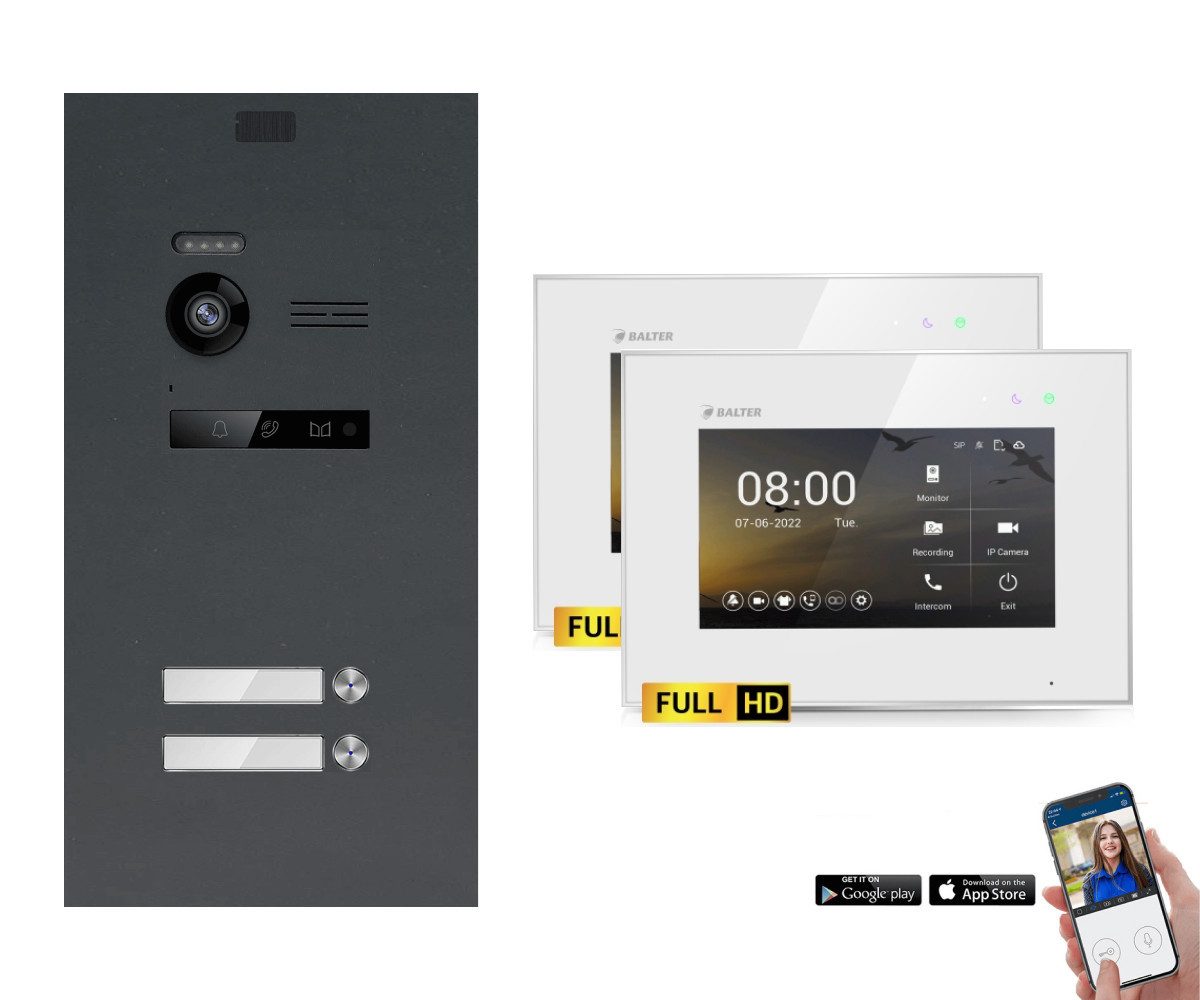 Balter Video-Türsprechanlage EVO-HD Komplettset 2-Familie Anthrazit 2x 7" WLAN Monitor Weiß (Set, 2-Familienhaus, Komplettset, FullHD Kamera, mit App)