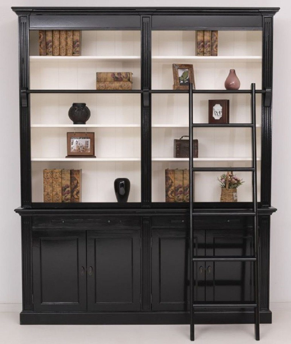 mit Wohnzimmerschrank H. - Regalschrank Schrank Landhausstil Weiß / Stauraumschrank x Bücherschrank Leiter - - - Padrino Casa 40 x cm 200 Büroschrank Landhausstil - 240 Massivholz Schwarz Möbel