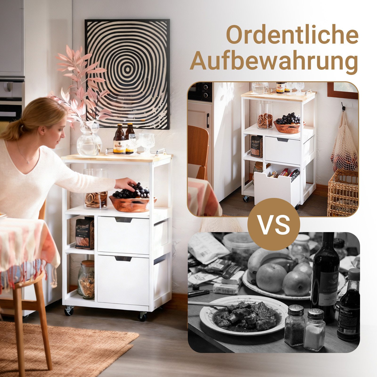 SoBuy Küchenwagen FKW111, Rollwagen, Beistelltisch, Küchenregal, Küche Haushalt, mit 2 Schubladen und 3 Ablagen Servierwagen Beistellwagen