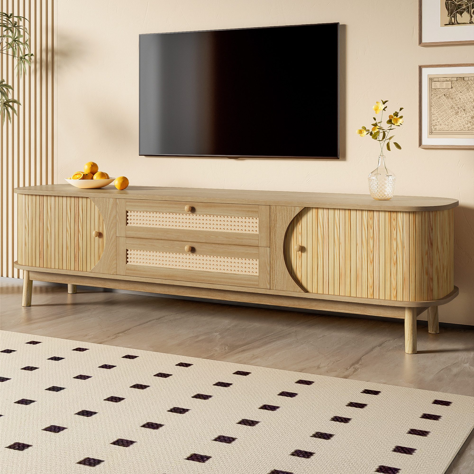 STILVORA Wohnzimmer-Set mit Rattanseiten,TV-Schrank Fernsehschrank mit Schubladen&Schiebetüren, (Packung, 1-St., mit Türen und Schubladen), mit Rattanseiten, Landhausstil