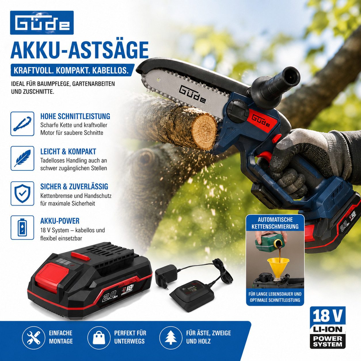 Güde Akku-Kettensäge Akku Astsäge GAK 18.1 Mini Kettensäge 18V, Akku 2.0 Ah Ladegerät 0,5 A