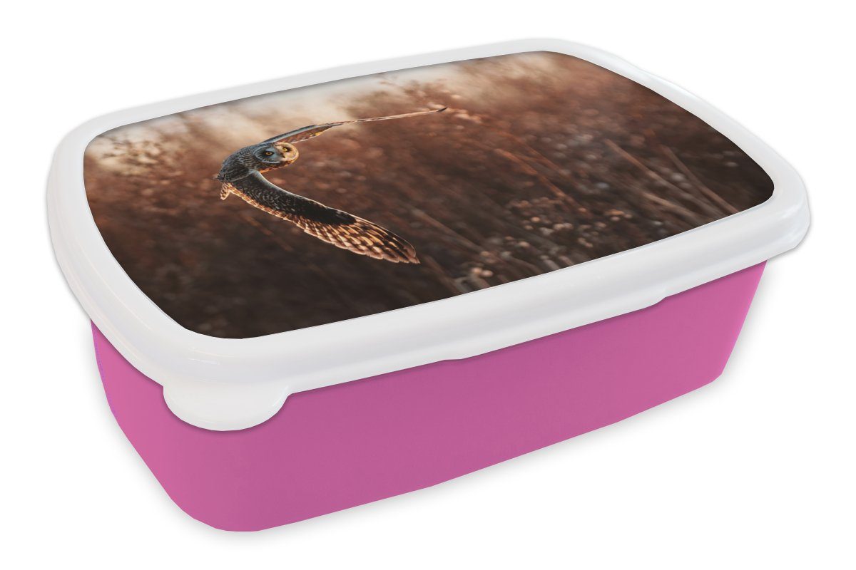 MuchoWow Lunchbox Vogel - Eule - Sonnenuntergang - Natur, Kunststoff, (2-tlg), Brotbox für Erwachsene, Brotdose Kinder, Snackbox, Mädchen, Kunststoff rosa