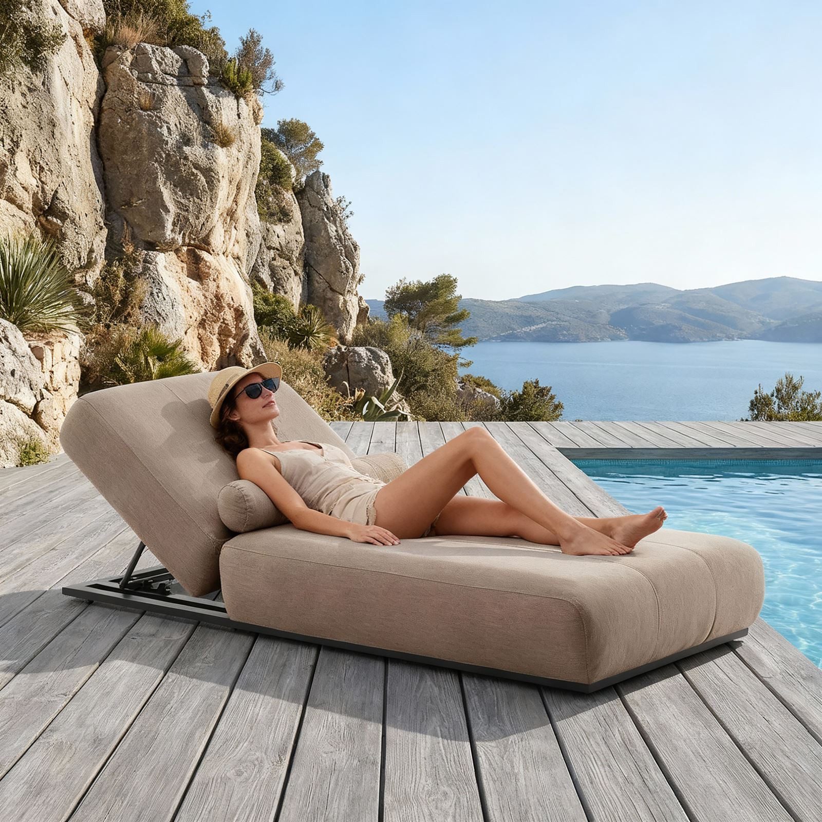 IDIMEX Gartenliege TROPEA, Gartenliege gepolstert mit verstellbarem Kopfteil Beige/Schwarz