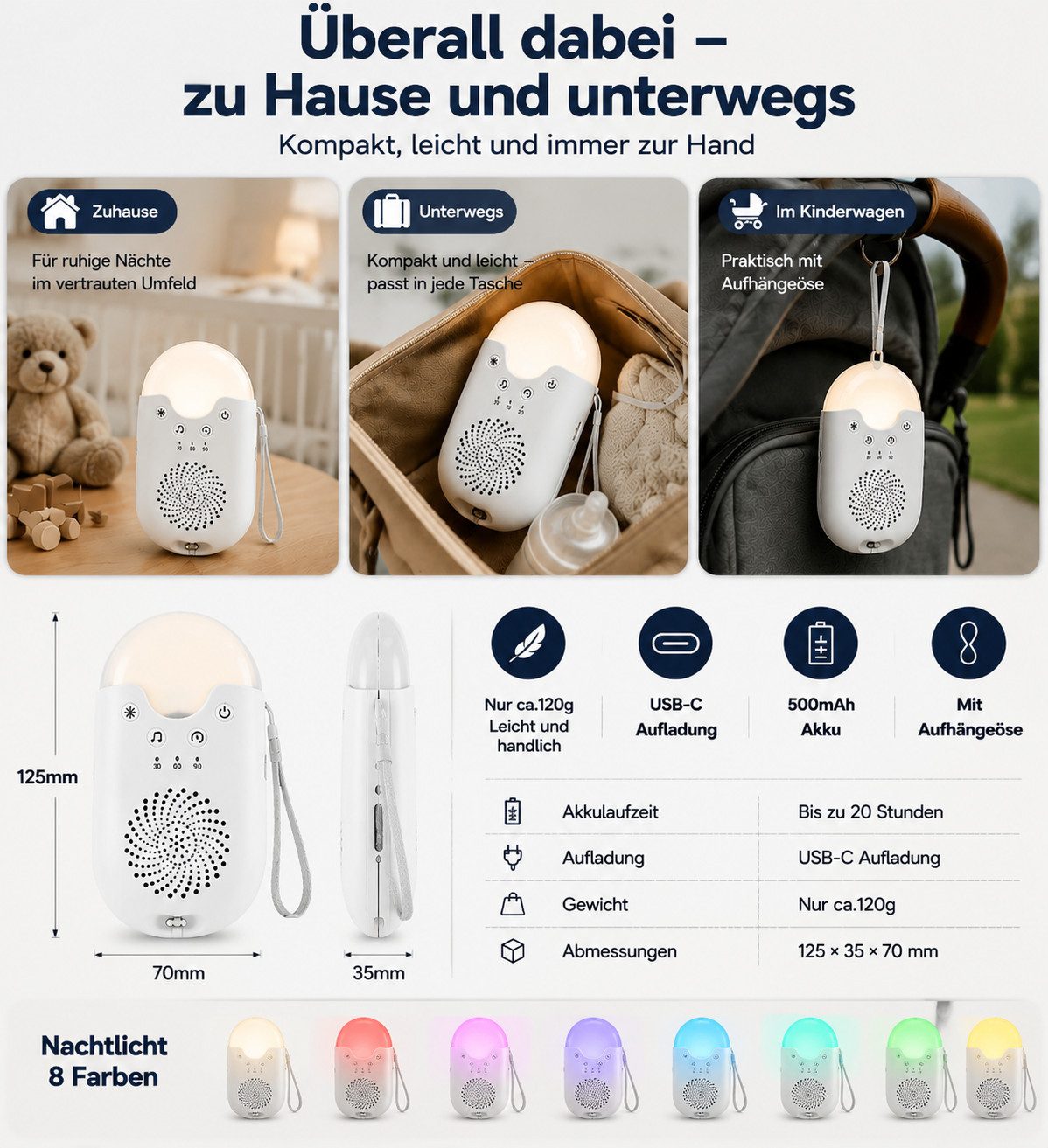Toomoke White Noise Machine für Babys und Kinder Einschlaf- und Durchschlafhilfe (Schlafhilfe, Schlafgeräuschgerät mit Nachtlicht für Kinderzimmer, 500 mAh, USB – Bild 5 von 5
