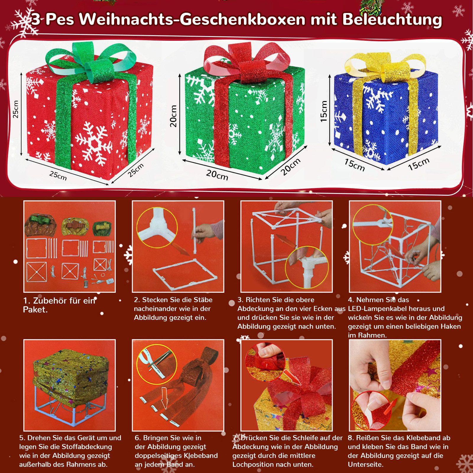 Jibenhome LED Dekoobjekt LED Beleuchtete Geschenkboxen 3er-Set, 8 Modi, Batteriebetrieben, 50 LEDs Warmweiß, Faltbar