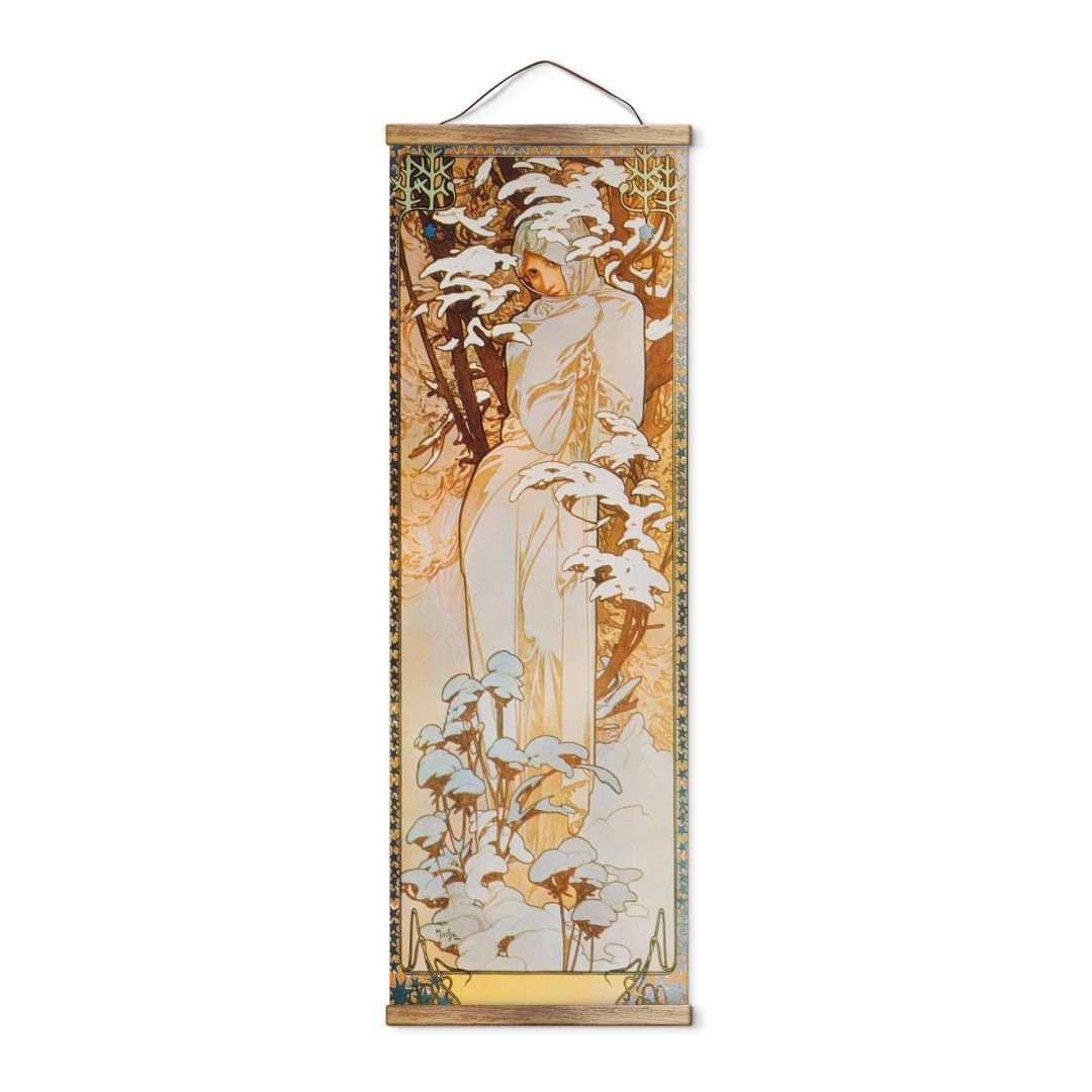 K&L Wall Art Leinwandbild Vintage Stoffbild Poster Mucha Winter 1900 Wand-Teppich Deko, Jugendstil Kunstdruck Banner ohne Zubehör