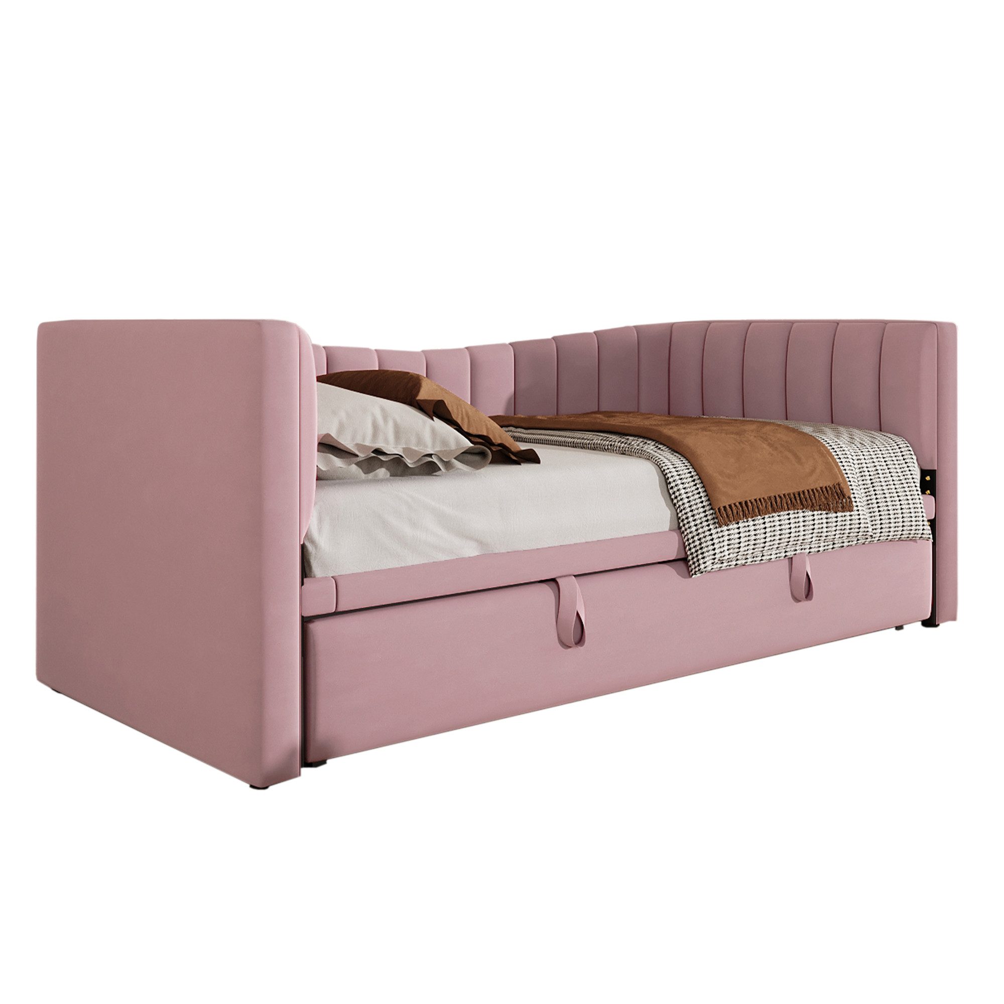 HAUSS SPOLE Schlafsofa 90/180x200cm Daybett Sofabett mit Ziehbett, Ohne Matratze, Samt, Rosa, mit ausziehbarem Rollbett, Sofabett, Minimalistisches Design, Samt, Für Gäste und kleine Räume, ohne Matratze