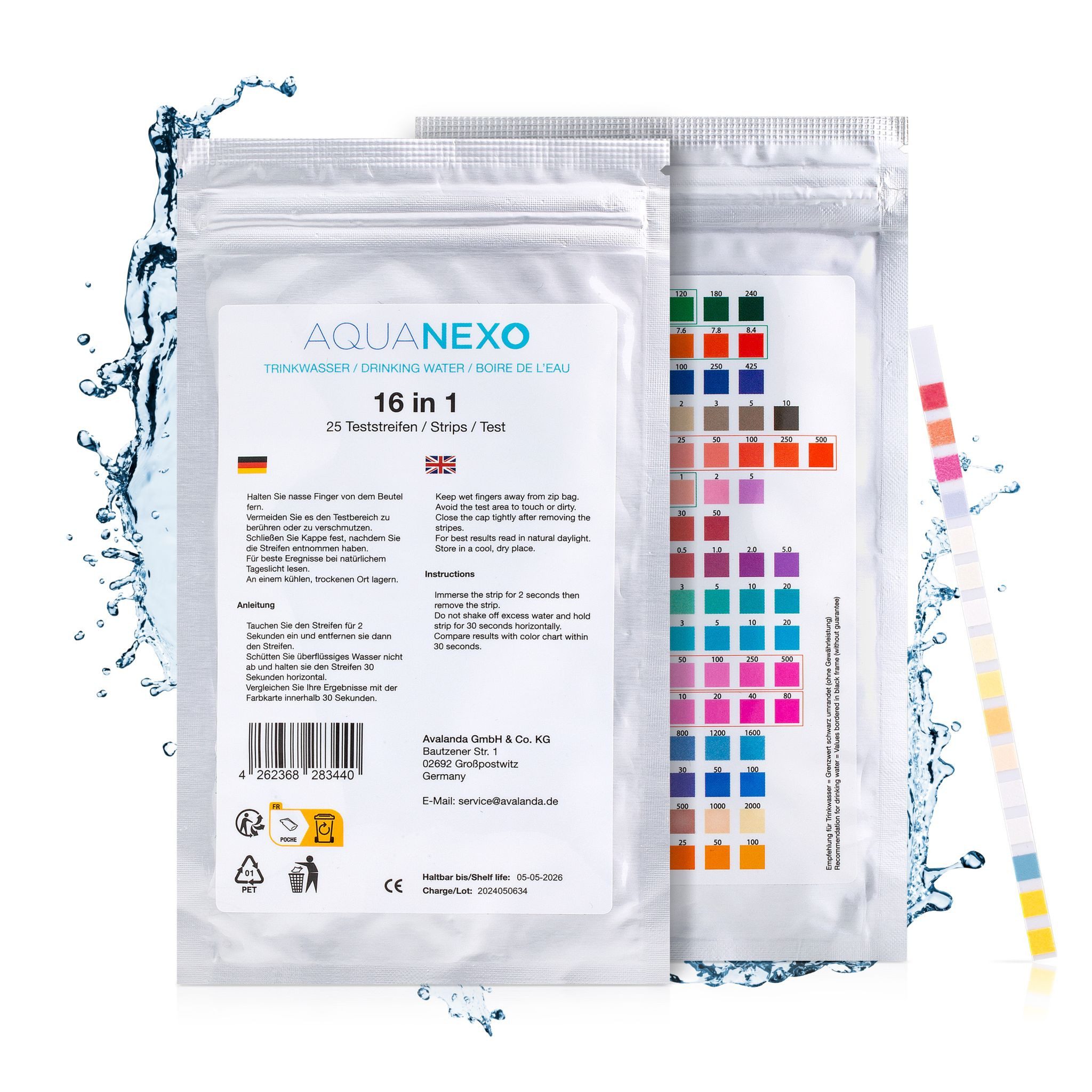 AquaNexo Trinkwassertest Wassertester Teststreifen 16-in-1 Trinkwassertest pH Wasserhärte 25st.