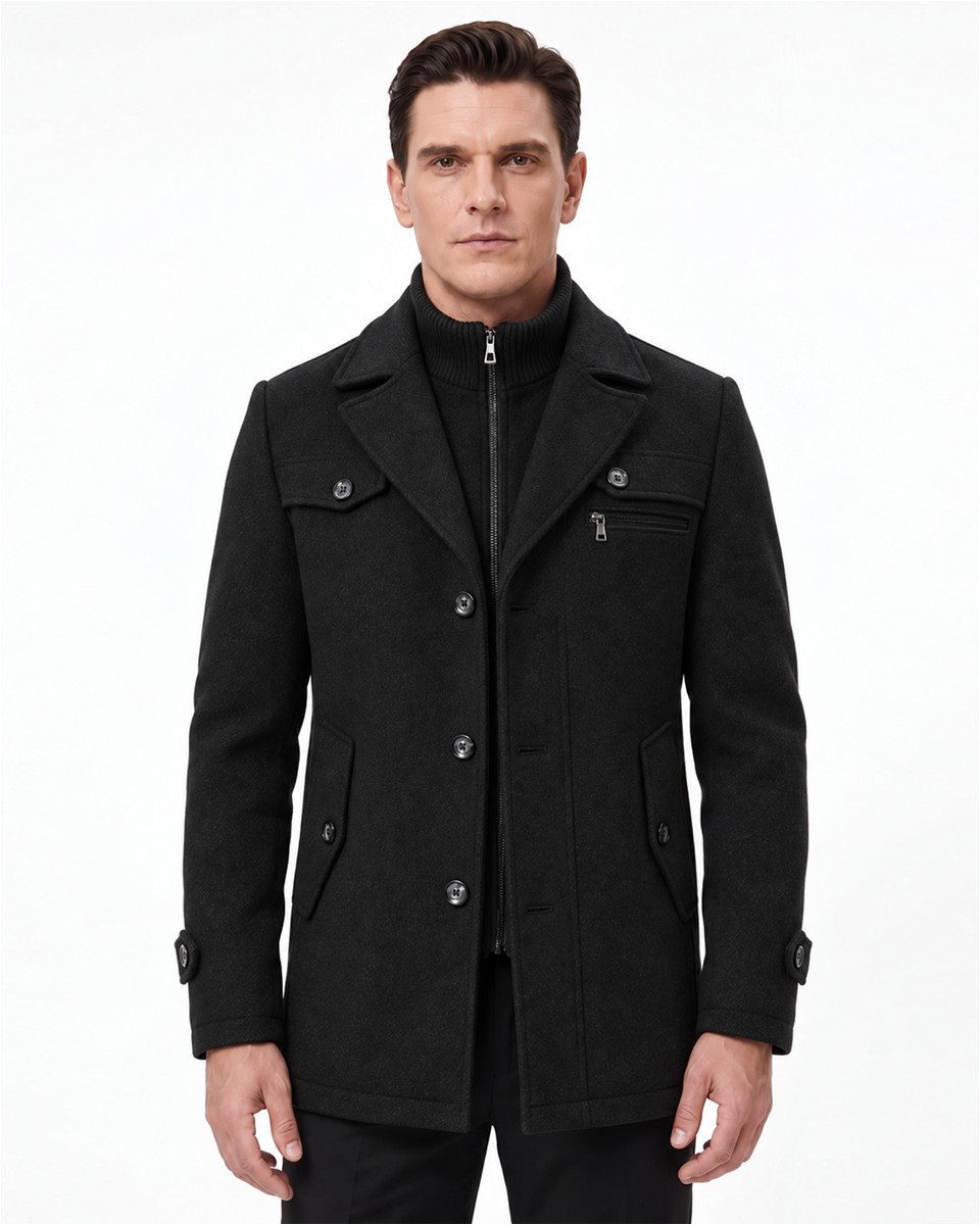 Allthemen Kurzmantel Herren Kurzmantel aus Wollmix Regulal Fit Business Warmer Wintermantel mit abnehmbarem Kragen, ideal für den täglichen Berufstag