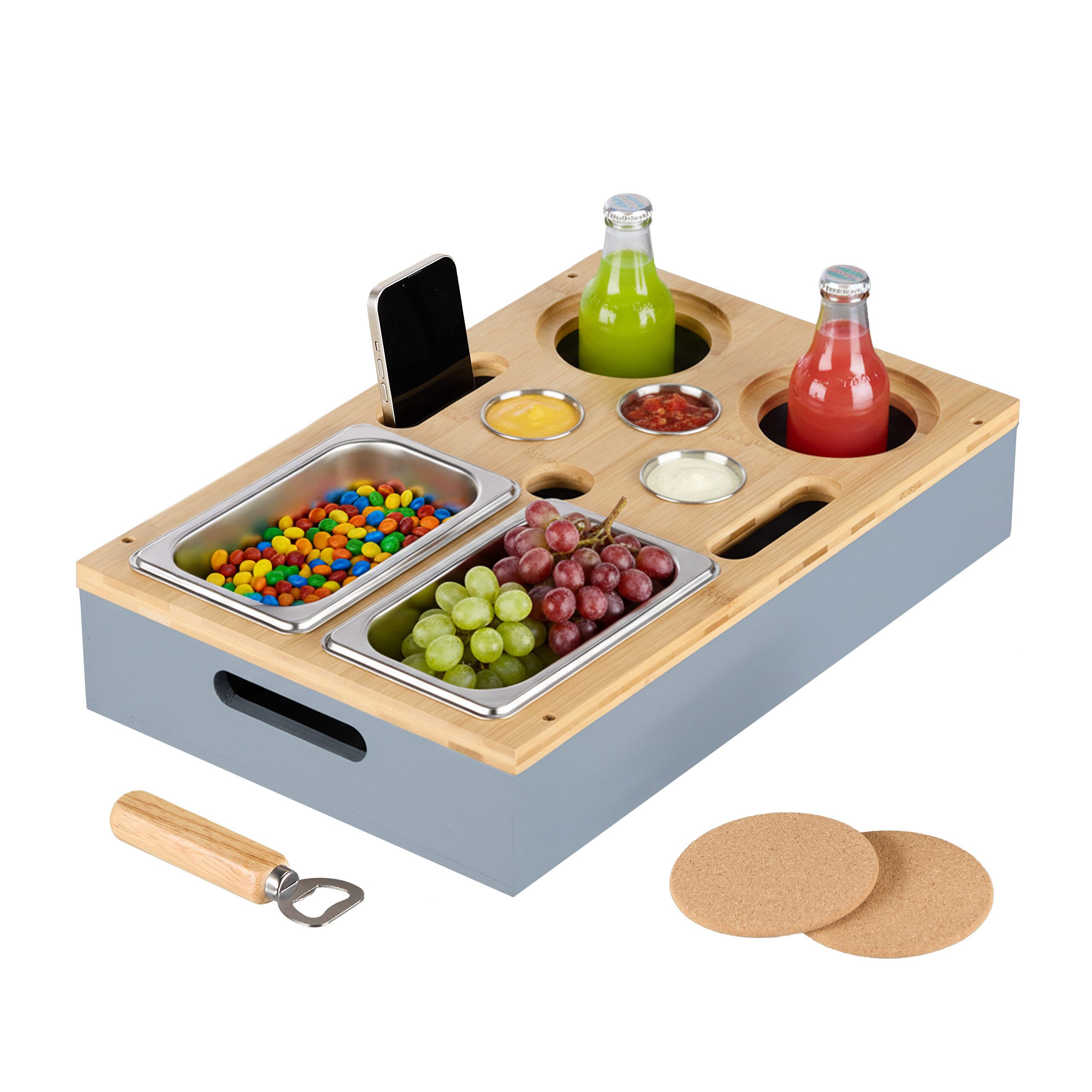 relaxdays Tabletttisch Couchbar mit Zubehör, grau