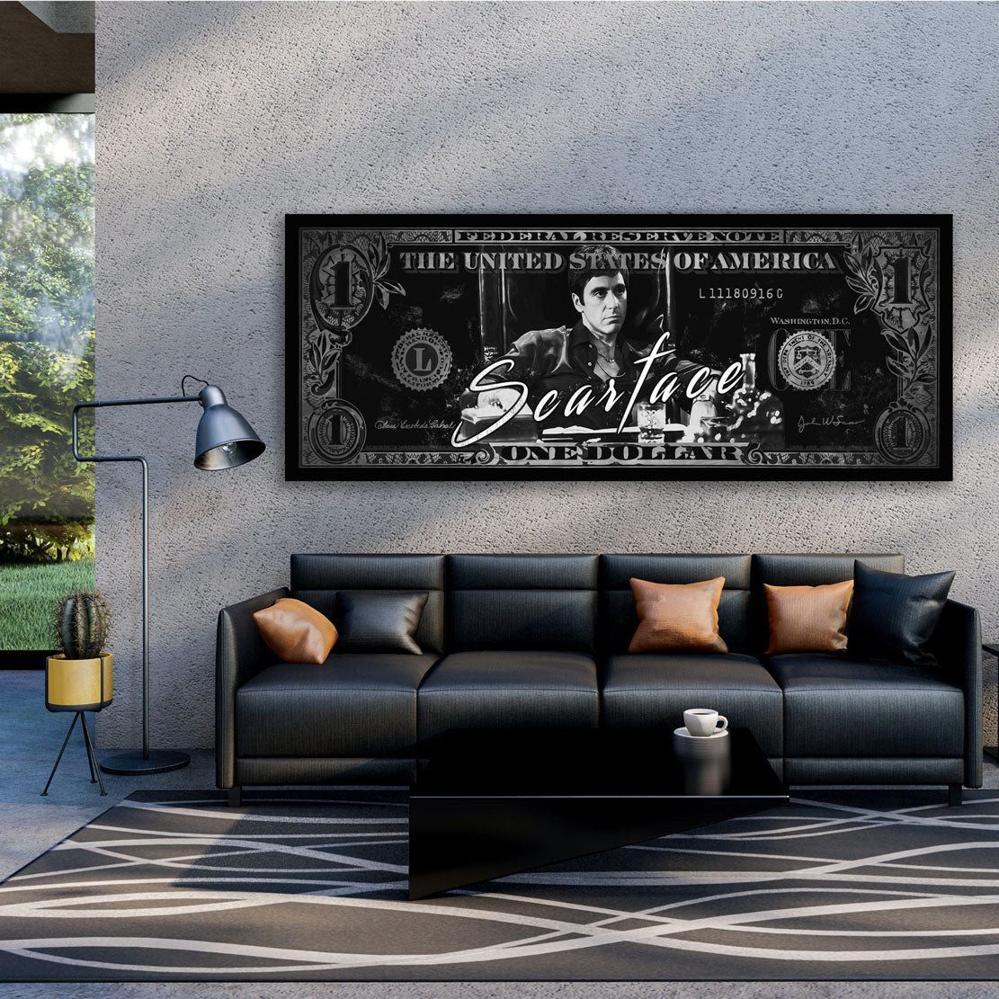 Artedinoi Leinwandbild Scar face schwarz weiß Leinwandbild Wandbild Dollar Kunstdruck XL Wand, Gangster in Schwarz-Weiß mit Dollar