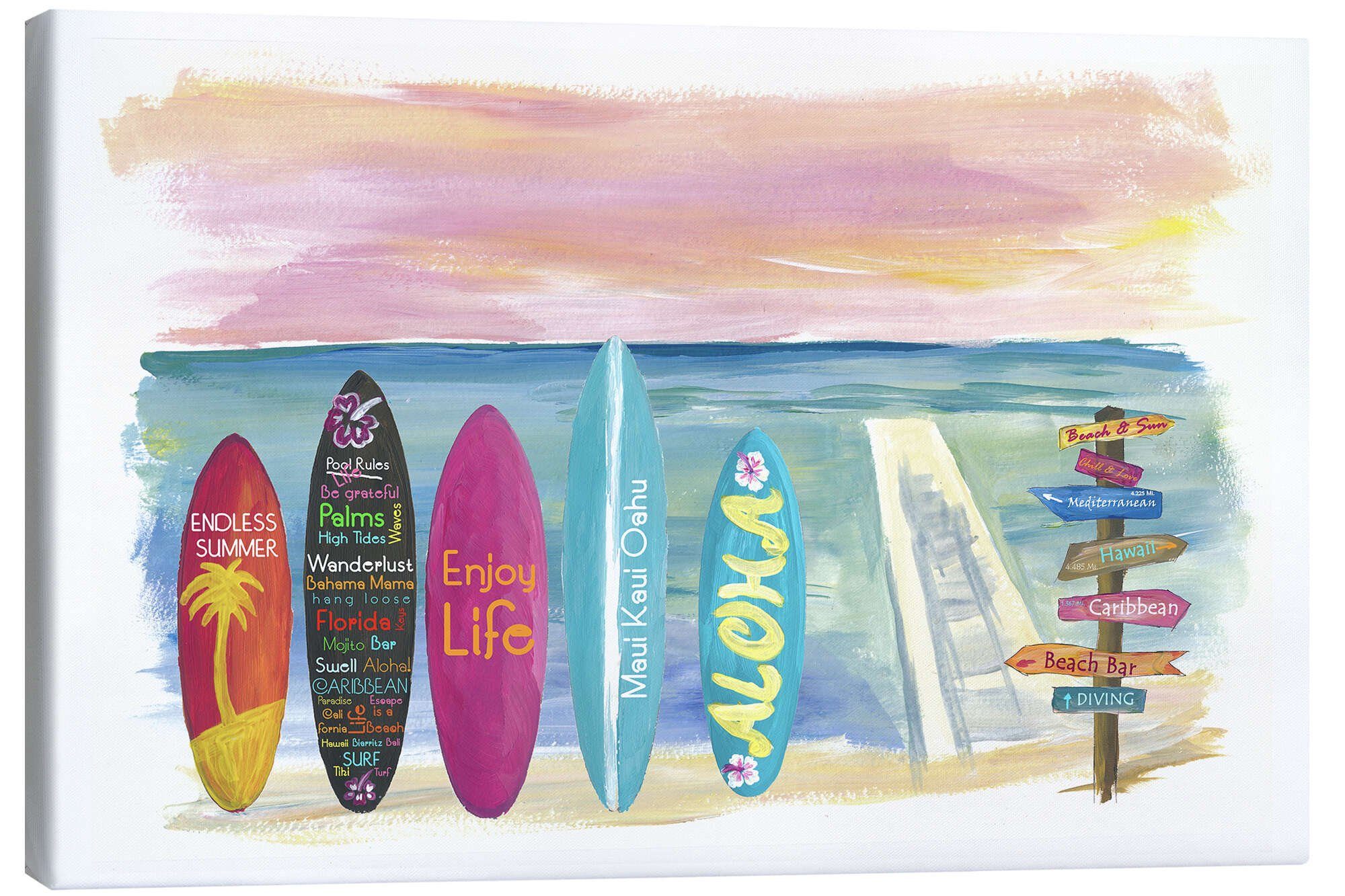 Posterlounge Leinwandbild M. Bleichner, Surfboards am Meer, Wohnzimmer Maritim Malerei