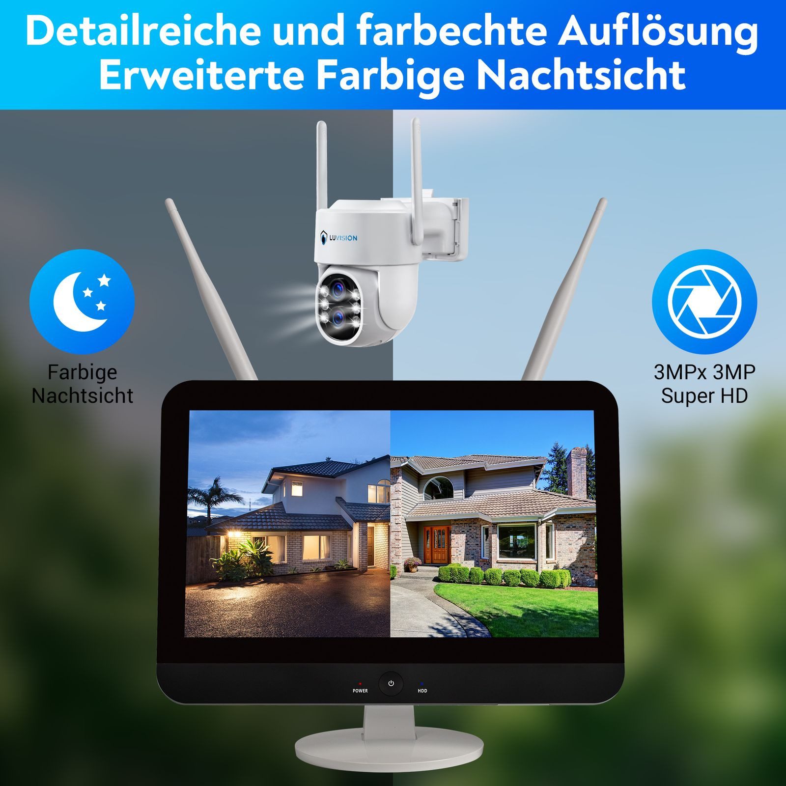 LUVISION Überwachungskamera K8210-W6+PJ2131-W6 4er (Außen- und Innenbereich, 4-tlg., WLAN Funk Überwachungssystem mit 12,5 Monitor Überwachungskamera Set, PTZ, Sirene, Auto-Tracking, KI Person-, Auto-, Tiererkennung, Mikrofon)