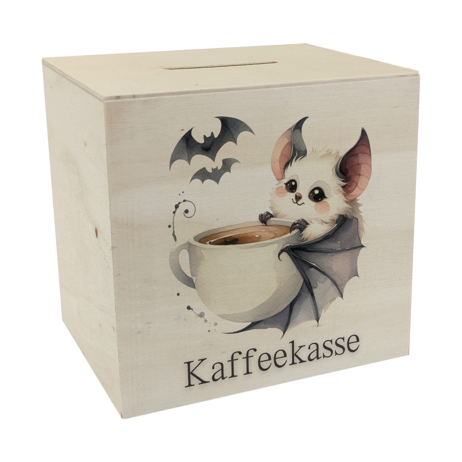 Spardose niedliche Fledermaus mit Kaffeetasse Spardose aus Holz Spruch