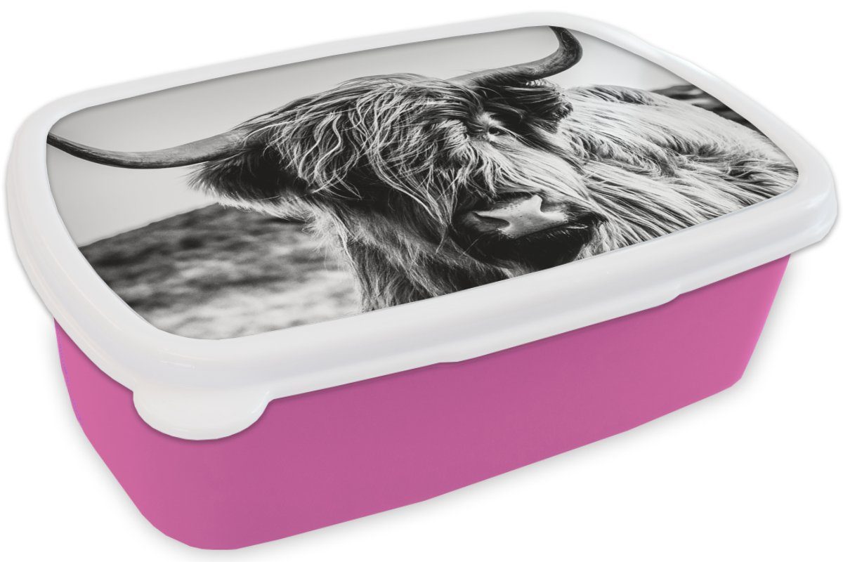 Kunststoff -, - - Snackbox, Schottischer Erwachsene, Kuh Weiß (2-tlg), Schwarz Kunststoff, Hochländer Natur MuchoWow Mädchen, Kinder, Lunchbox Tier Brotdose - für - - Brotbox rosa