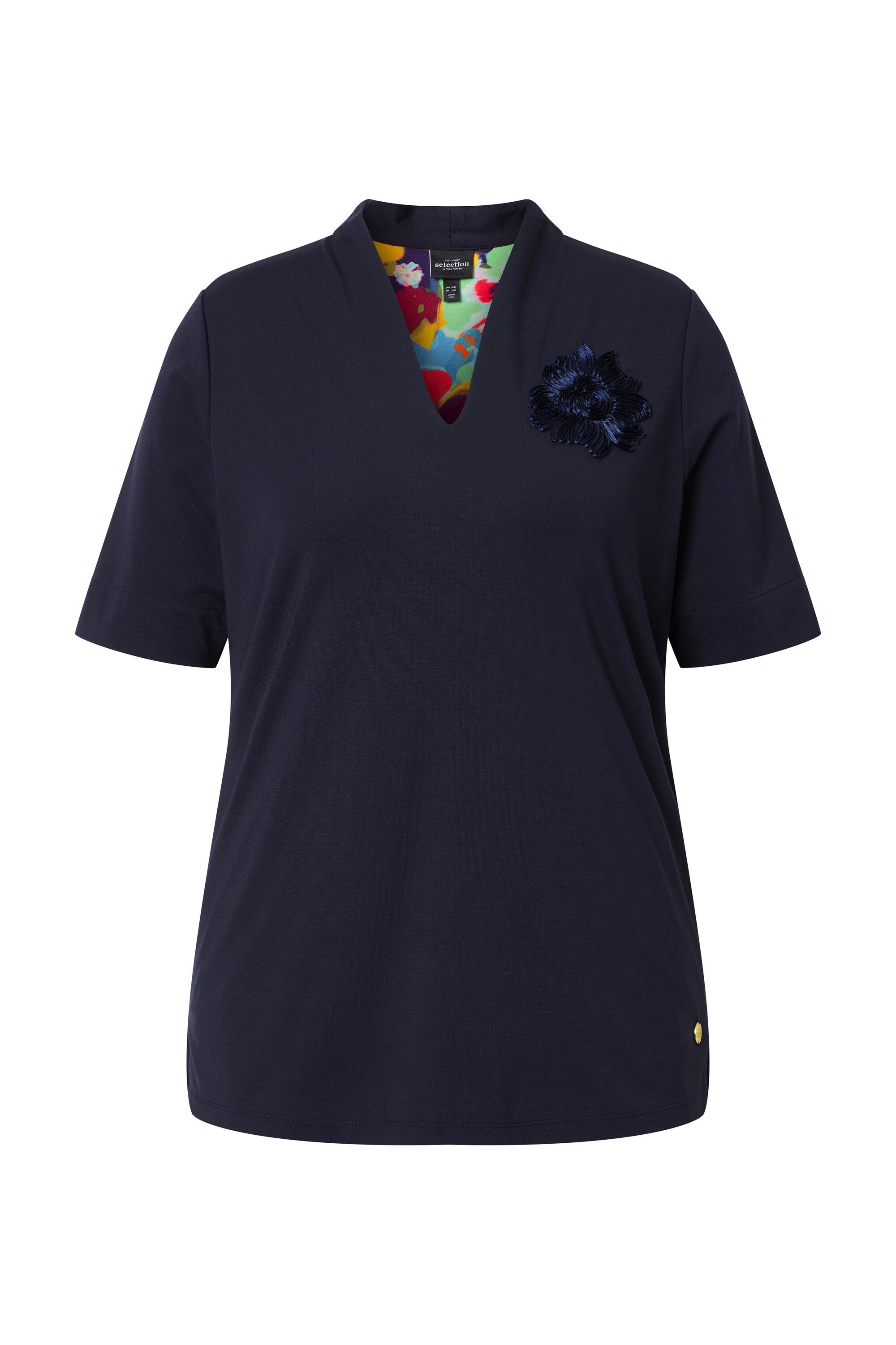 Ulla Popken T-Shirt T-Shirt Applikation Kelchkragen V-Ausschnitt