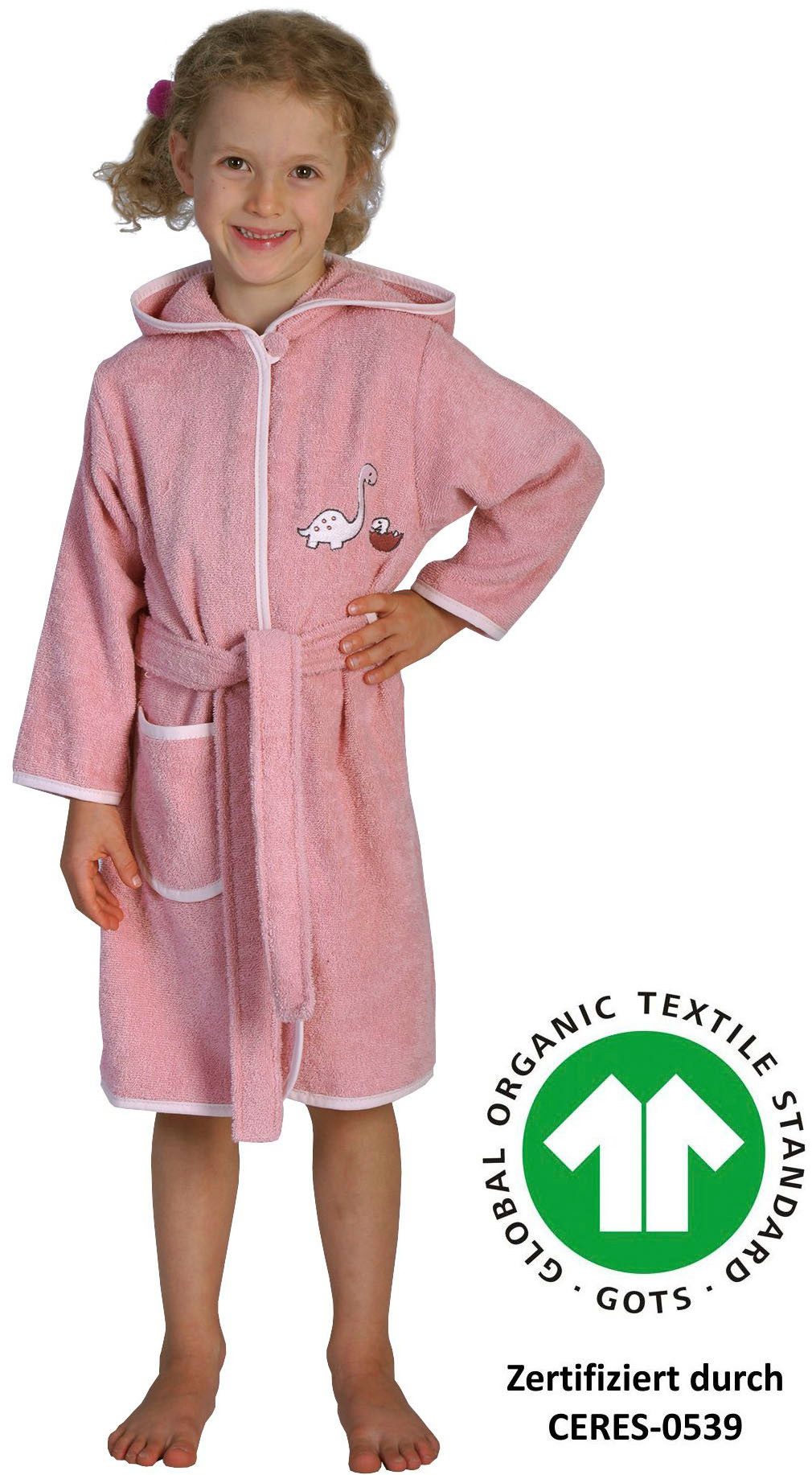 Wörner Kinderbademantel Dinofamilie, Langform, Baumwolle, Kapuze, Biobaumwolle, mit Stickerei, mit Tasche