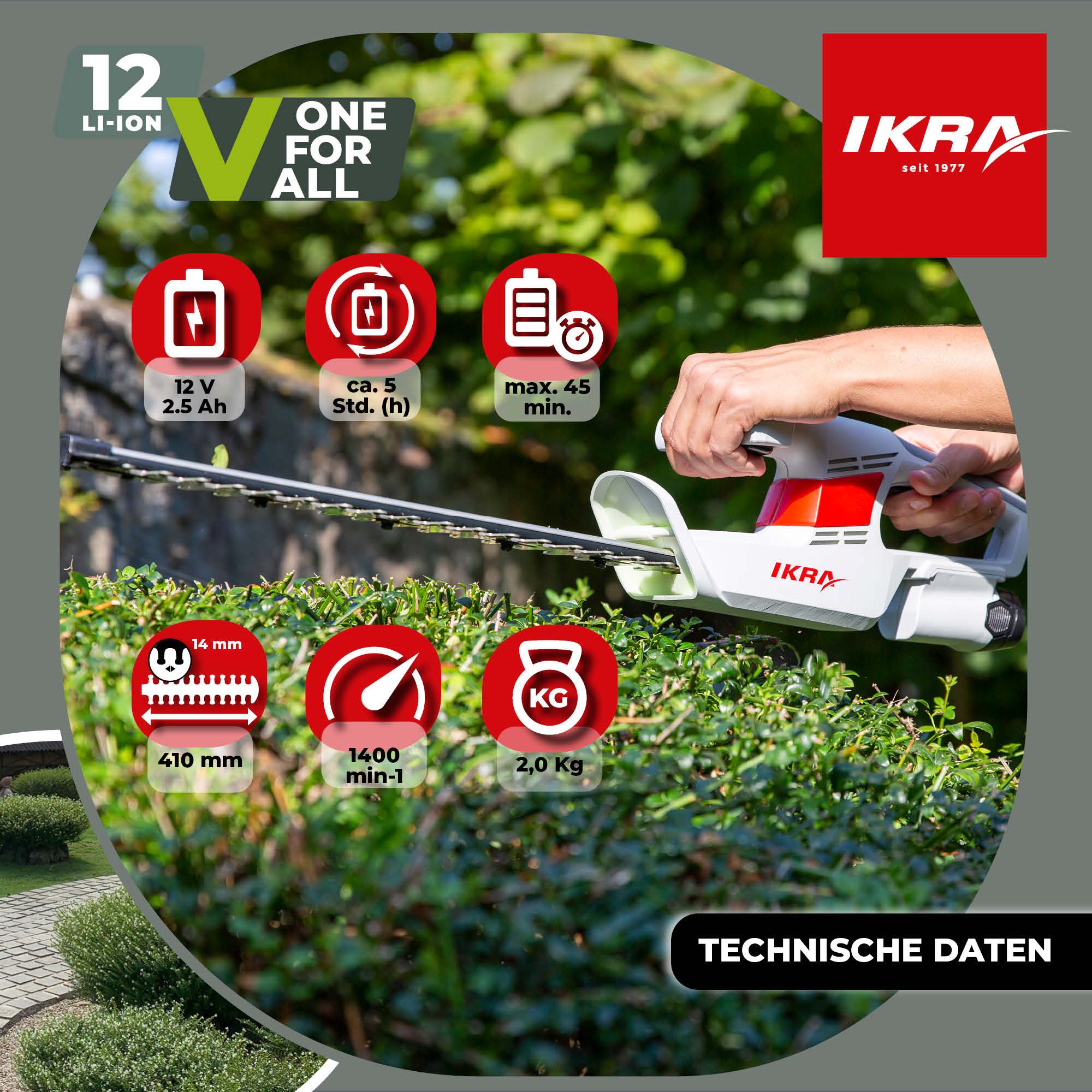 ikra GmbH Akku-Heckenschere IAHS 1240, 12 Volt, 41 cm Schnittlänge, 14 mm Schnittstärke mit Schutzbrille – Bild 4 von 5