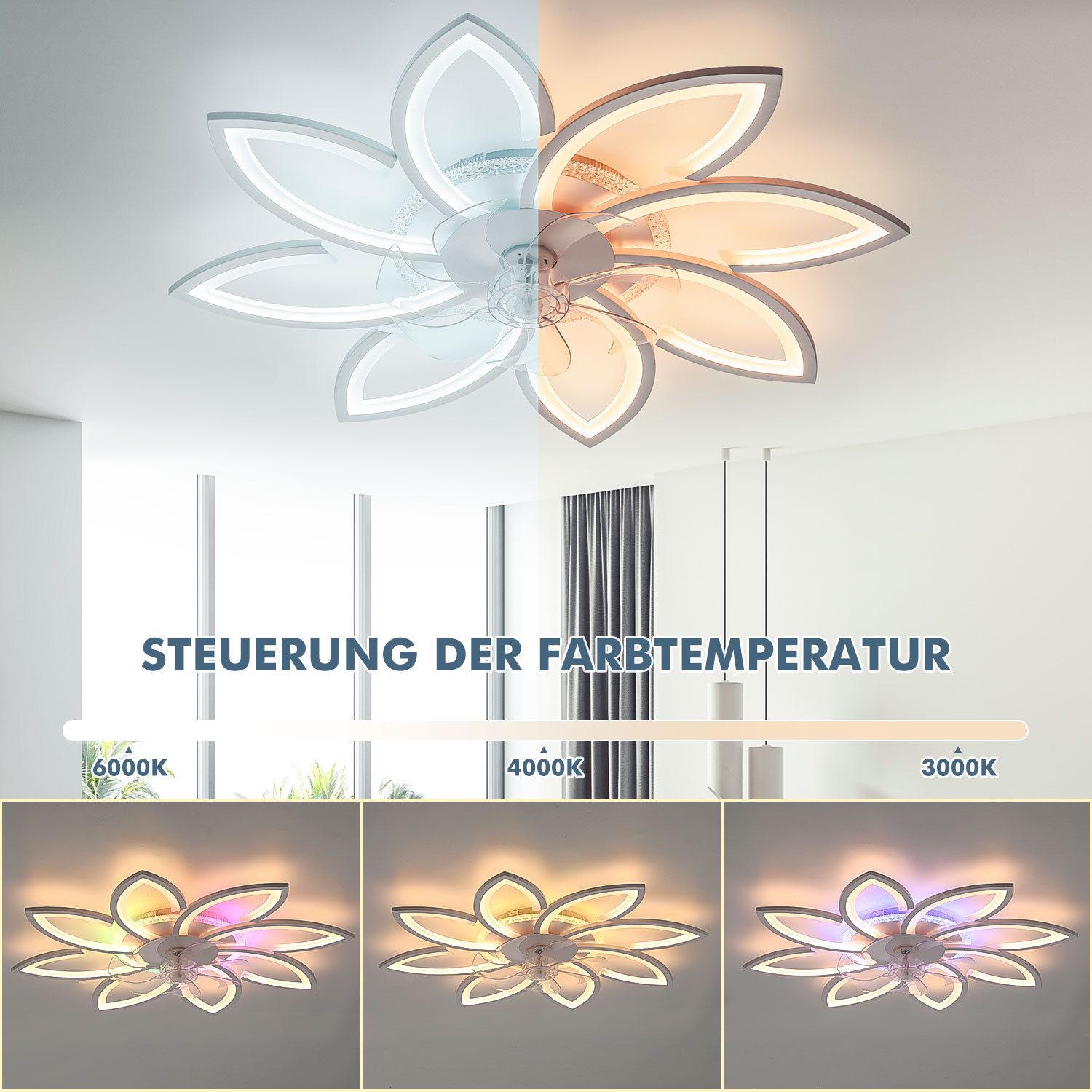 oyajia Deckenventilator 70W/97W Deckenleuchte mit RGB Hintergrundlicht, Leise Deckenventilator, 6 Geschwindigkeiten Ventilator, Deckenlampe mit RGB Farbwechsel  – Bild 5 von 5