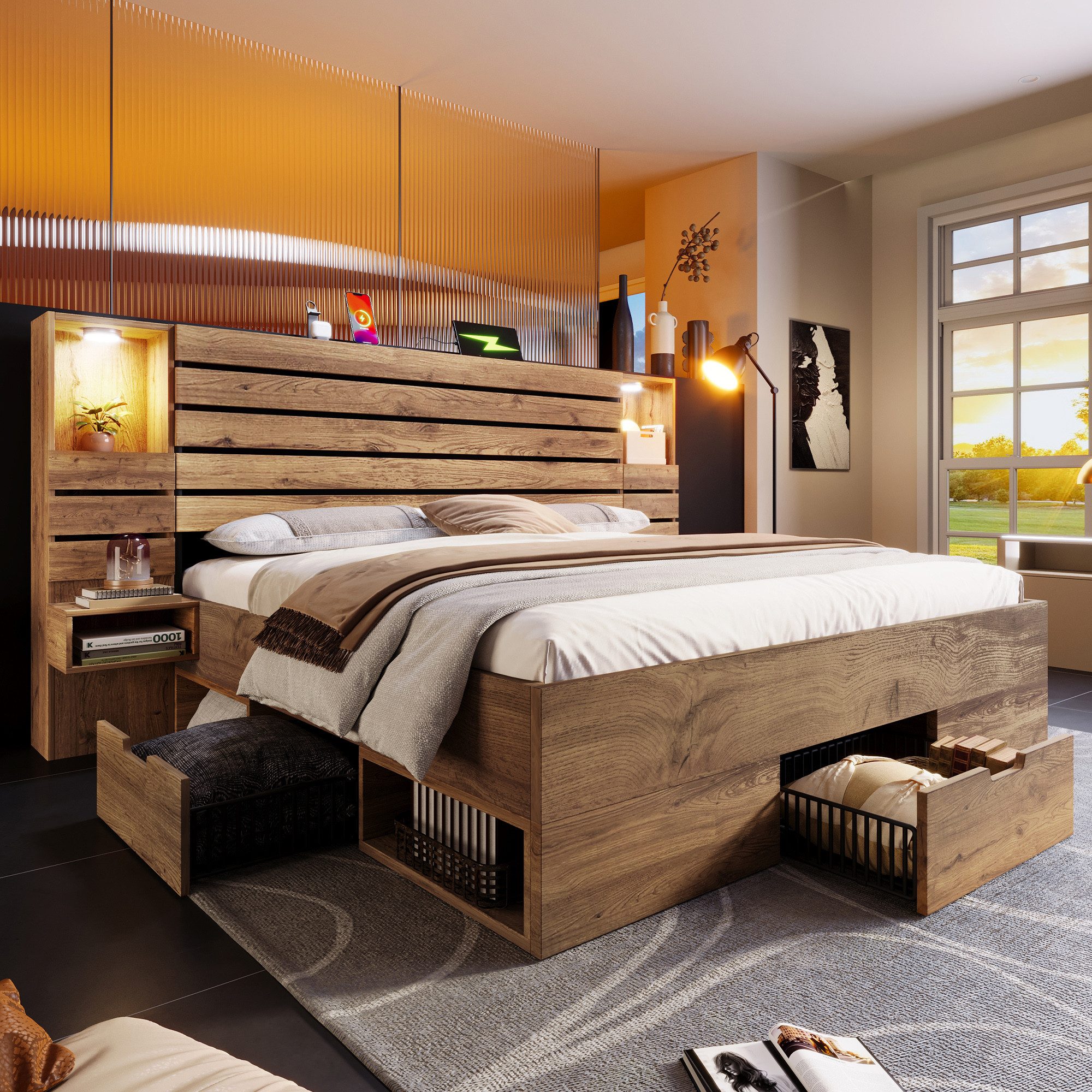 MODFU Holzbett Funktionsbett mit umfassendem Stauraum-System, mitLED-Beleuchtung, (Doppelbett, Funktionsbett, mit USB-/Type-C-Anschlüssen & offenen Kopfbrett-Regalen,160x200 cm), mit 4 Seitenfächern, 3 Schubladen & Nachttischen.ohne Matratze