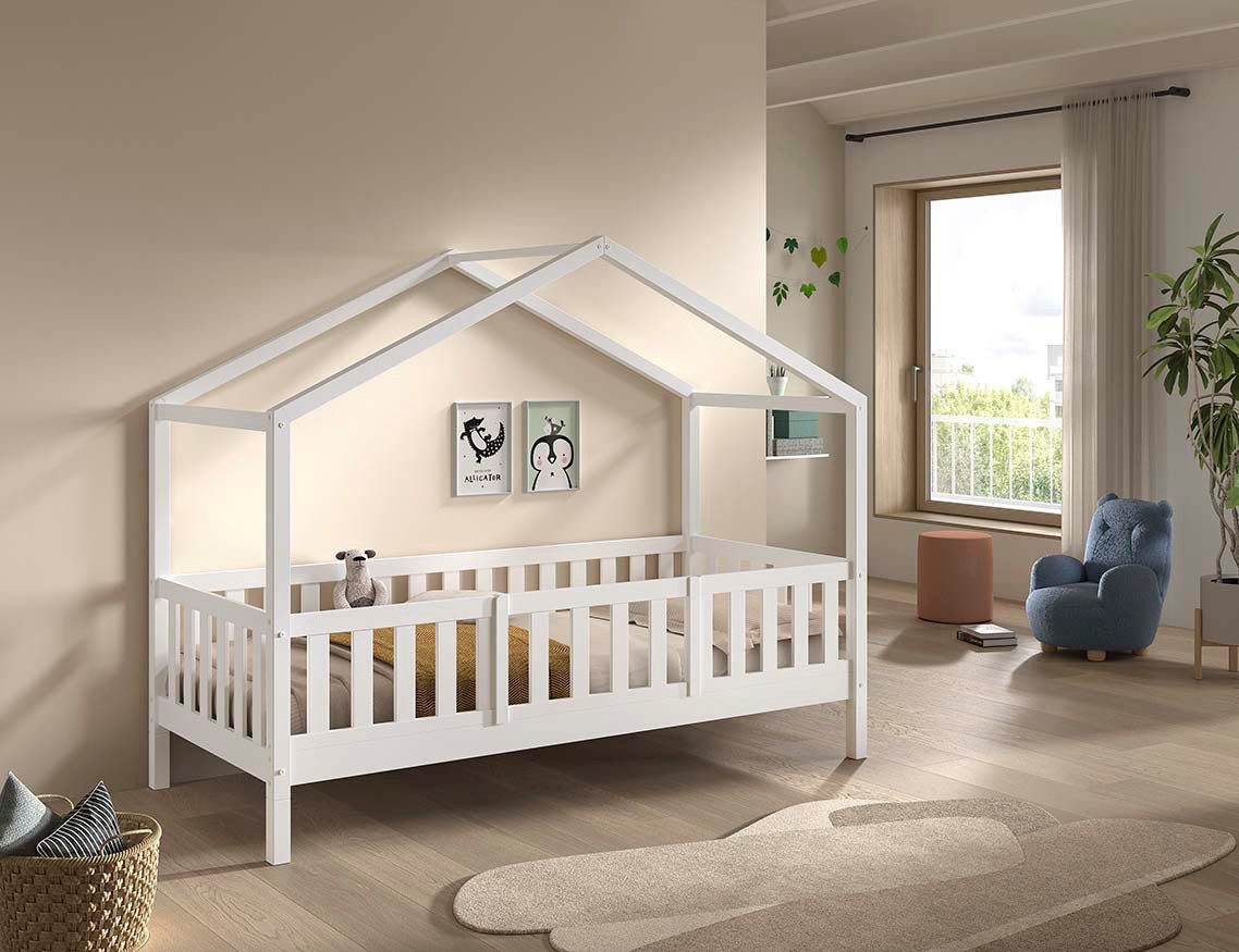 Vipack Hausbett Dallas, Massivholzbett mit Dachaufbau umbaubar vom Boden- zum Daybett (inkl. Lattenrost, Rausfallschutz, Sprossen, 90 oder 140x200 cm breit), stabil und standfest gebaut, wahlweise Kiefer massiv natur oder weiß