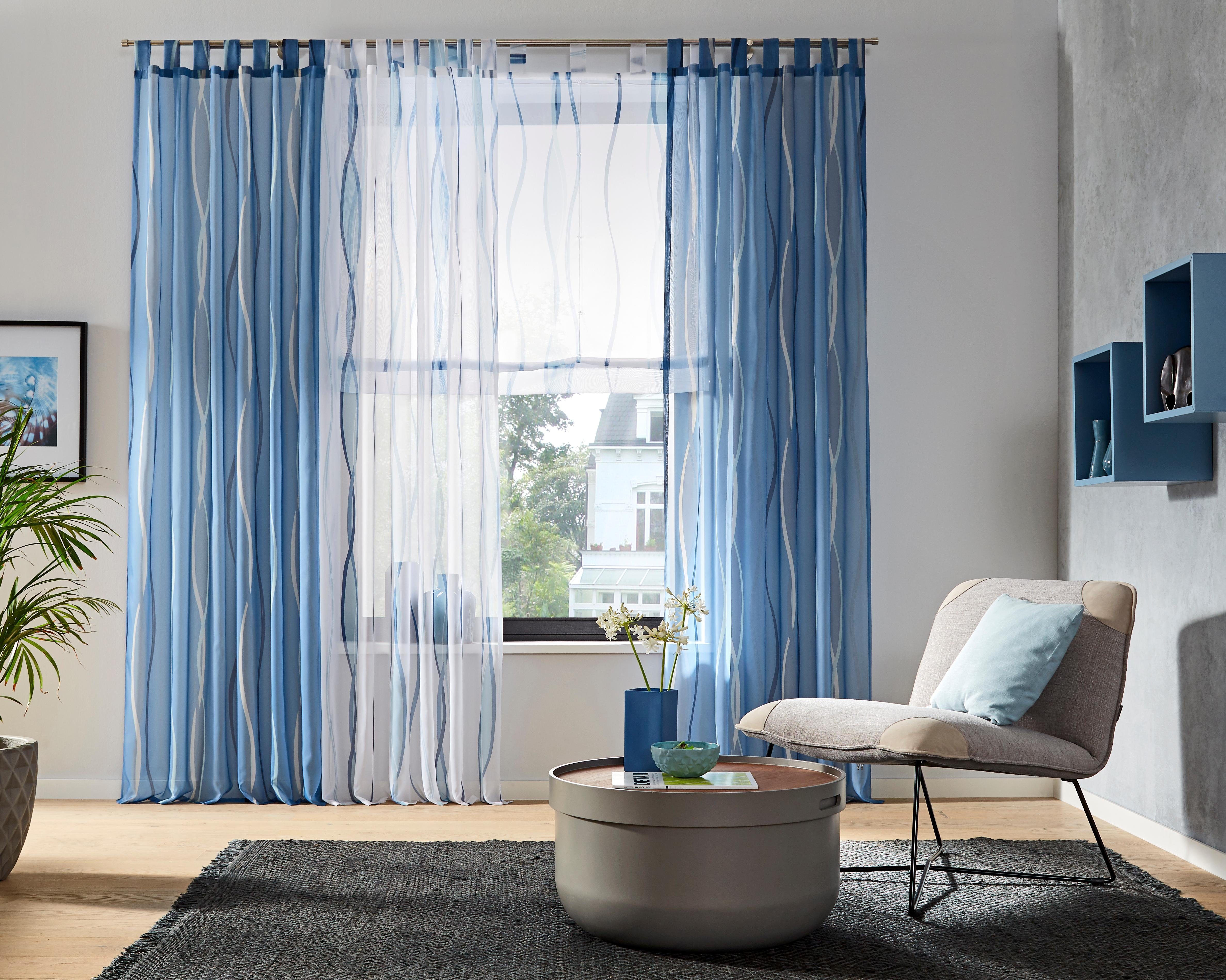 Gardine Dimona, my home, Schlaufen (2 St), transparent, Voile, 2er-Set, Voile, Polyester, Wellen blau