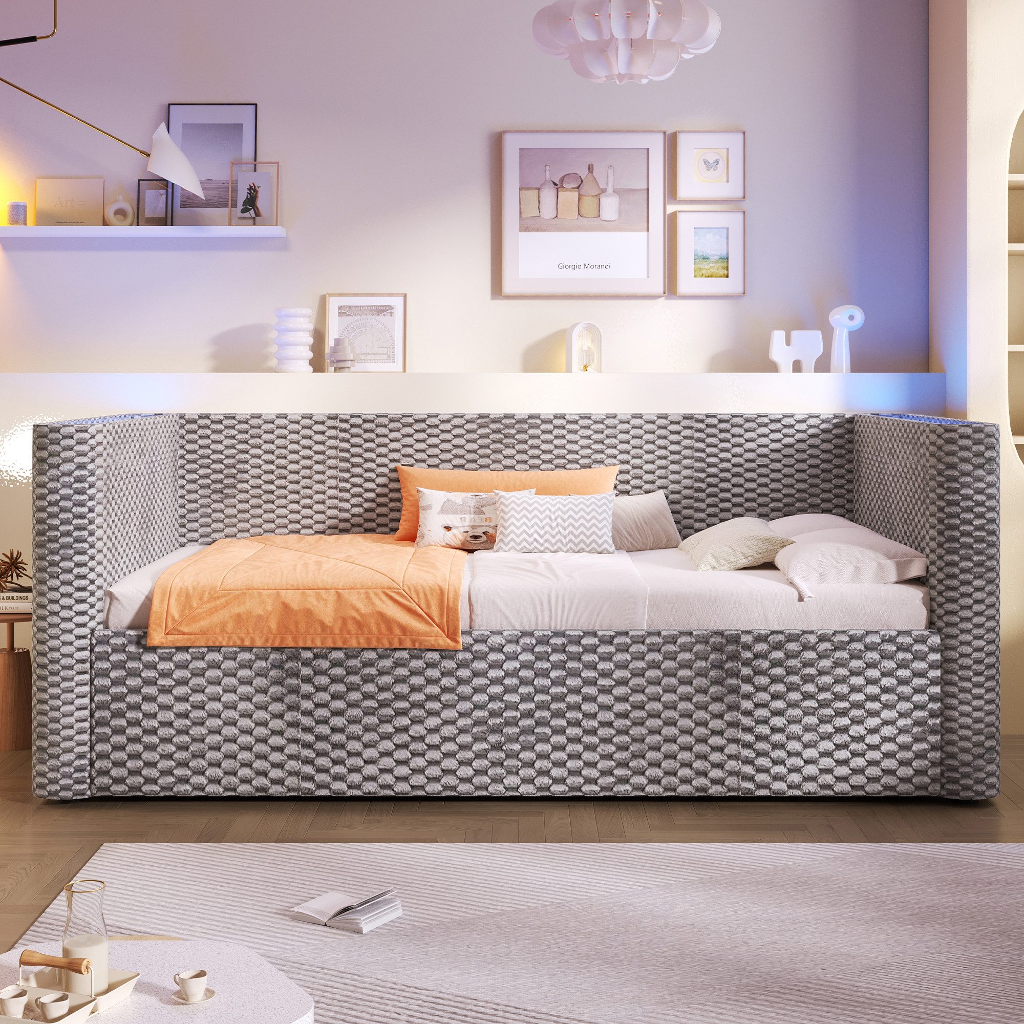 STILVORA Schlafsofa mit bettfunktion&bettkasten Polsterbett 90×200 Tagesbett ausziehbar, mit LED-Beleuchtung, hydraulischem Stauraum und Lattenrost, ohne Matratze