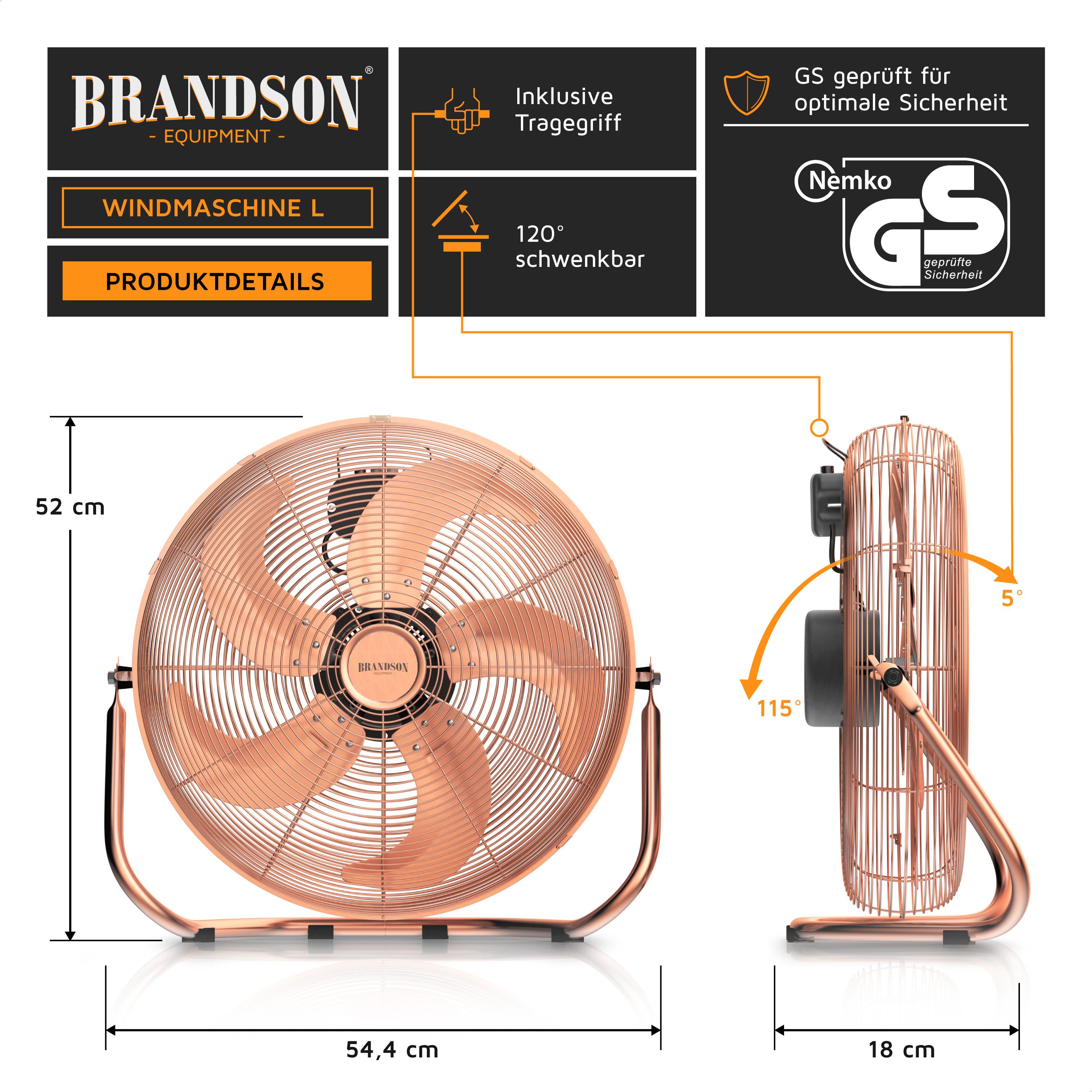Brandson Windmaschine Bodenventilator im Retro Stil, hoher Luftdurchsatz, 120W, Kupfer, 50 cm Durchmesser, Preisträger 2025, robuster Stand, stufenlos neigbar, GS-Geprüft