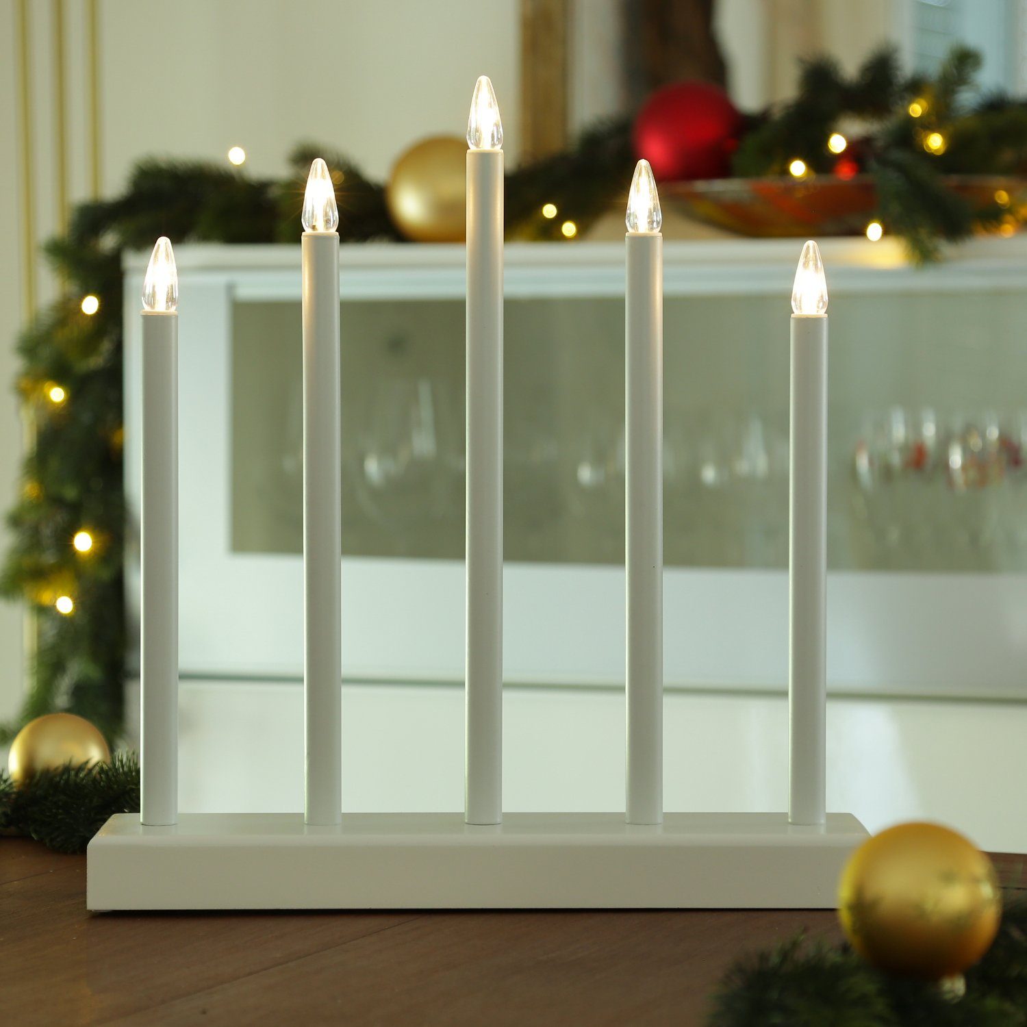 MARELIDA LED Fensterleuchter Holy Deko warmweiß bis 40cm weiß, Classic, 5flammig H: Weihnachsbeleuchtung LED Batterie (2100K 3000K) Timer