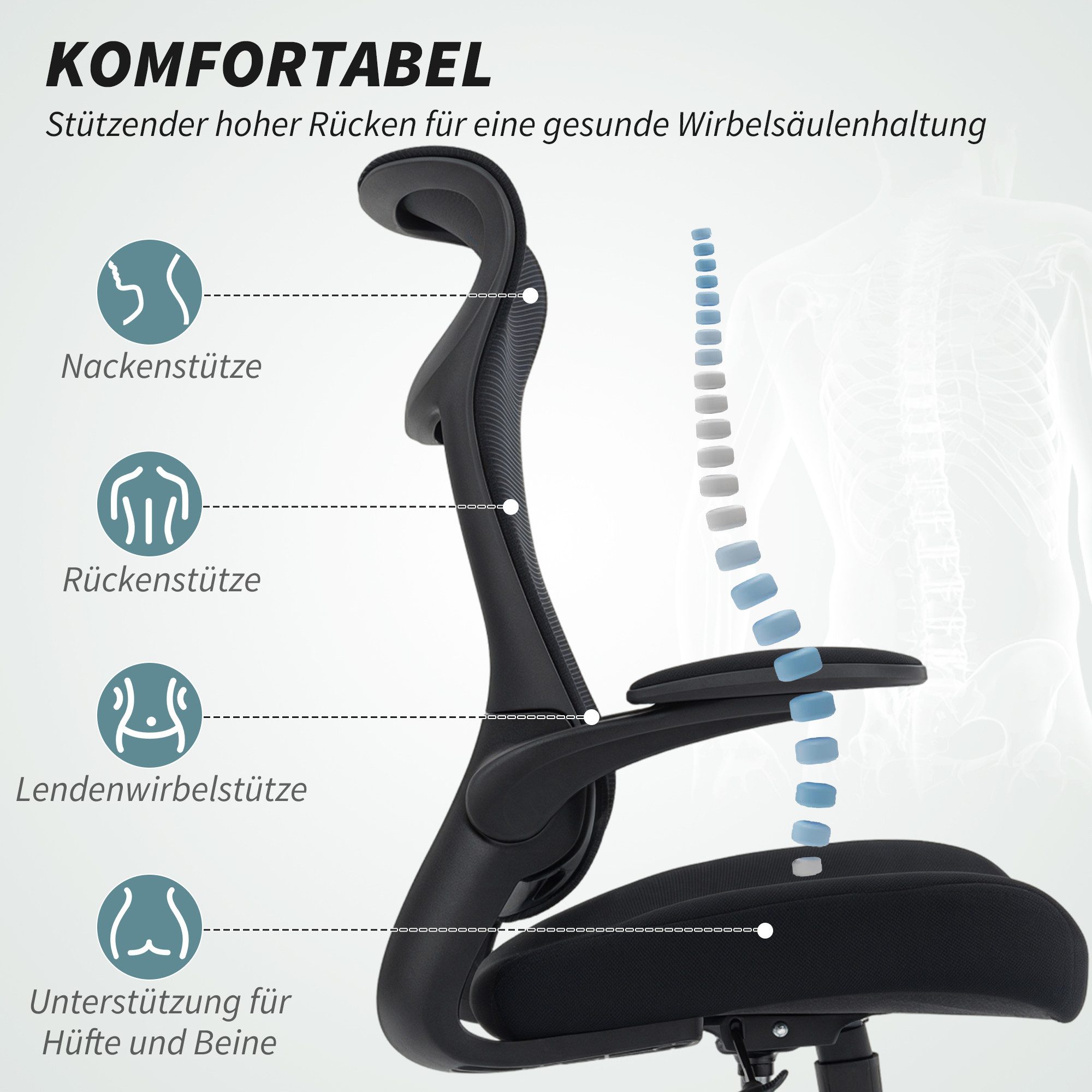 SeedWave Bürostuhl Ergonomischer Drehstuhl mit 3D-Armlehnen, Kopfstütze, Kippfunktion, Netzstoffrücken, 5 Nylonrollen,dicke Sitzpolster