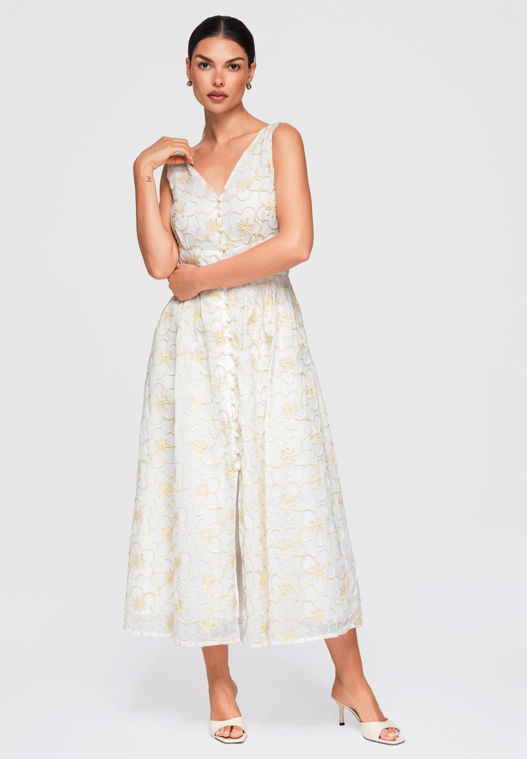Midikleid Damen Midikleid mit V-Ausschnitt und floralem Design Weiß S